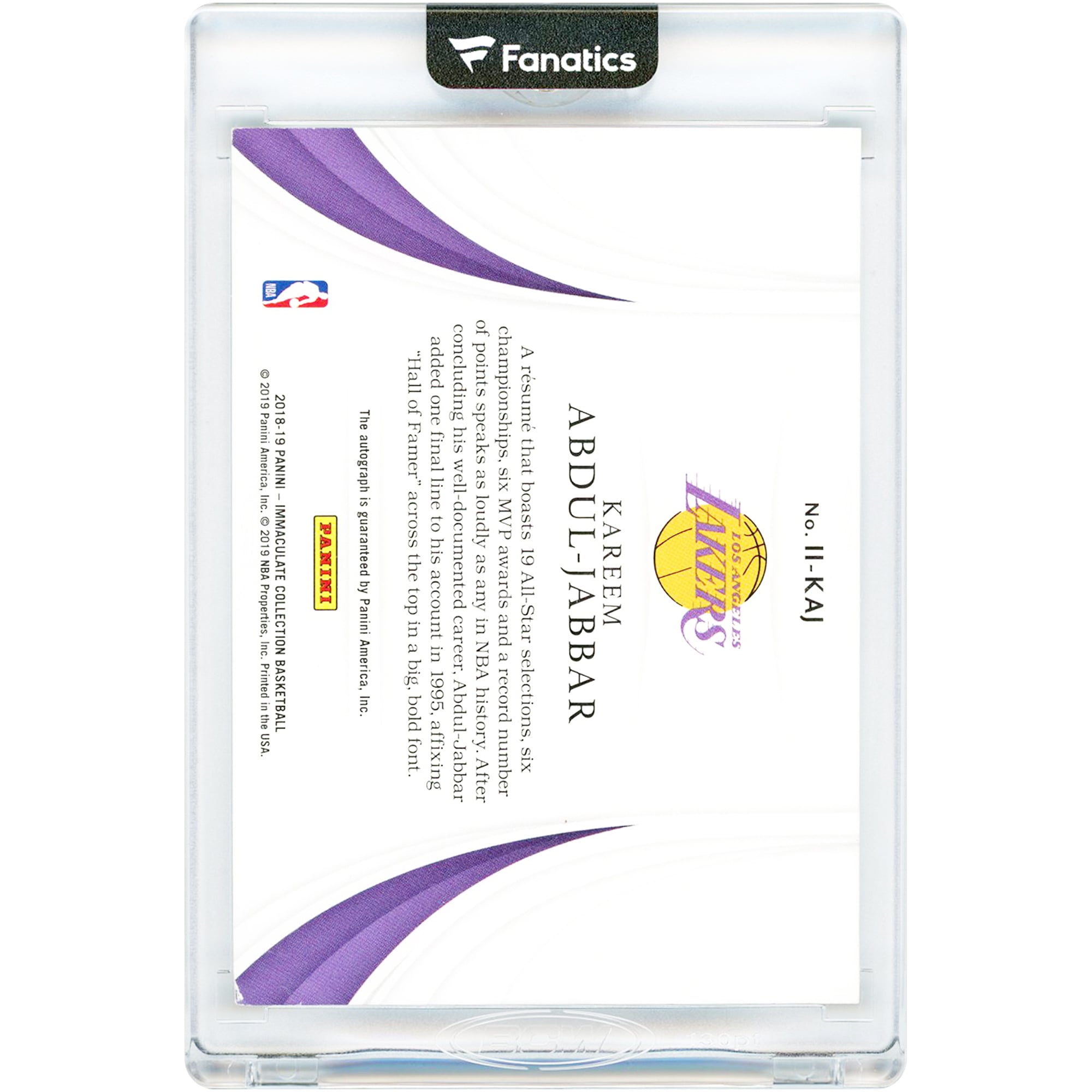 Kareem Abdul-Jabbar Los Angeles Lakers dédicacé 2018-19 Panini Immaculate Collection Holo Gold Inductions #II-KAJ #4/25 Carte