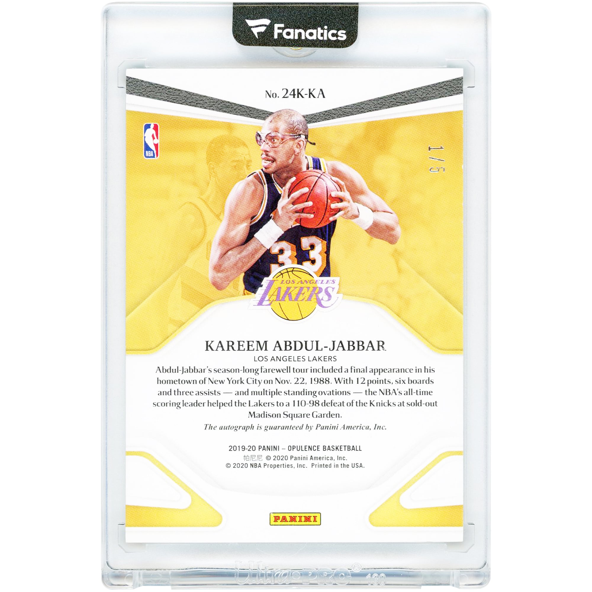 Carte autographiée de Kareem Abdul-Jabbar (Los Angeles Lakers) 2019-20 Panini Opulence 24k #24K-KA #1/5
