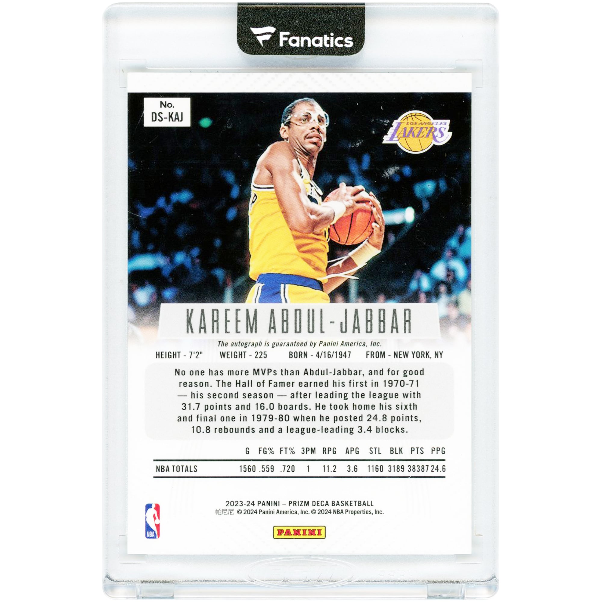 Kareem Abdul-Jabbar Los Angeles Lakers dédicacé 2023-24 Panini Prizm Deca #DS-KAJ Carte