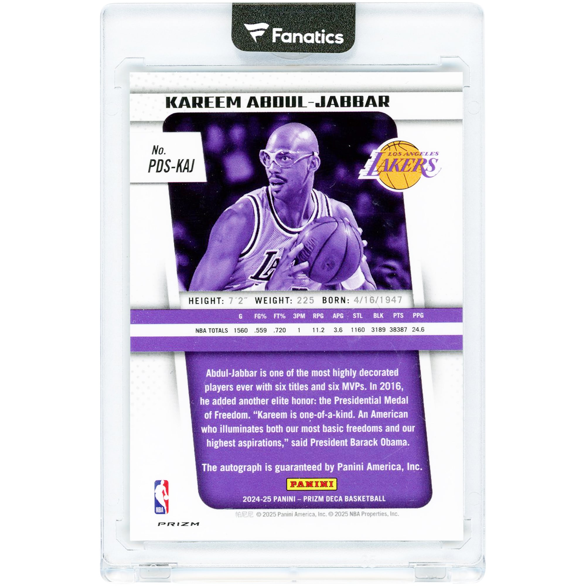 Kareem Abdul-Jabbar Los Angeles Lakers dédicacé 2024-25 Panini Prizm Deca #PDS-KAJ Carte