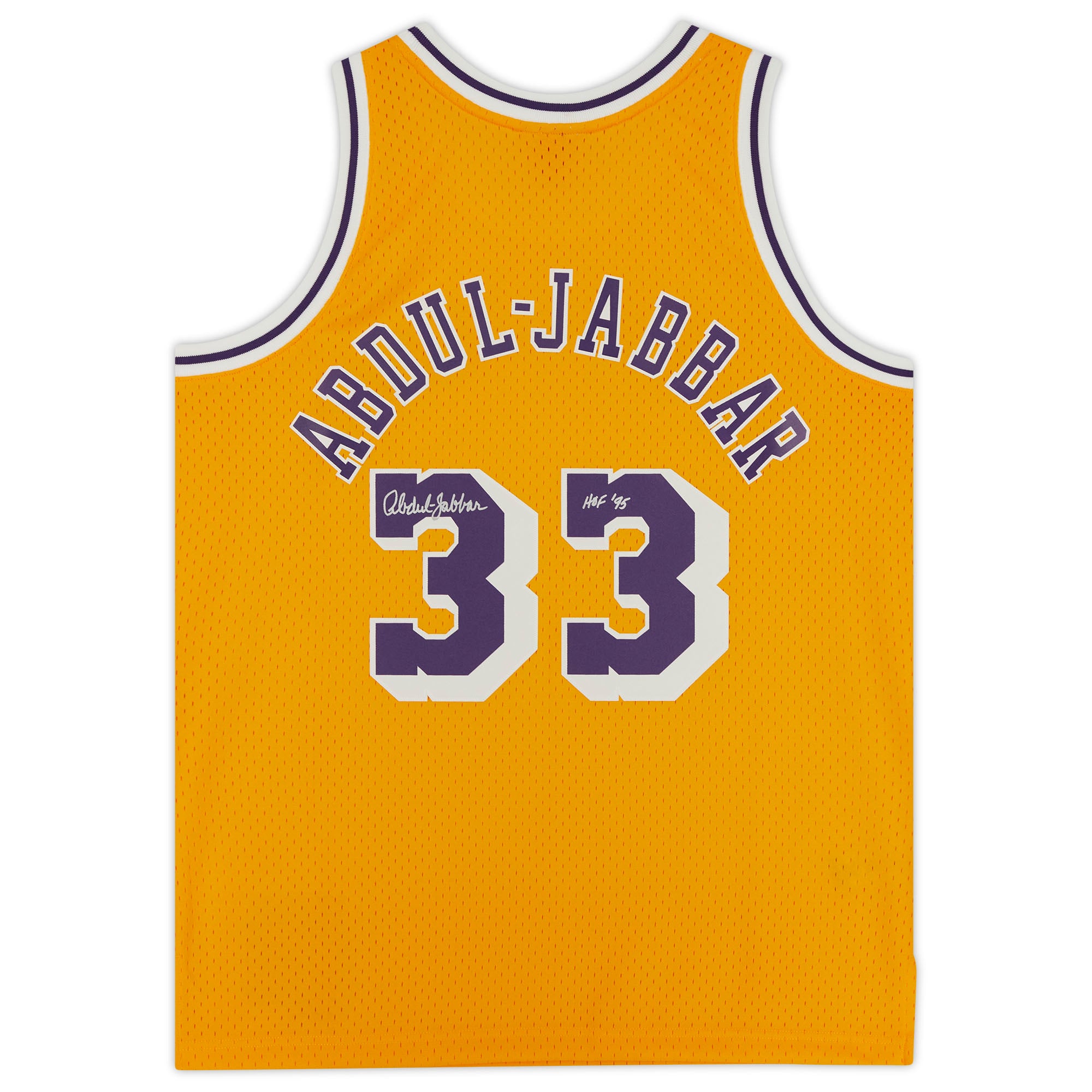 Kareem Abdul-Jabbar Los Angeles Lakers Autographed Mitchell & Ness Gold 1984-85 Swingman Jersey with "HOF 95" Inscription