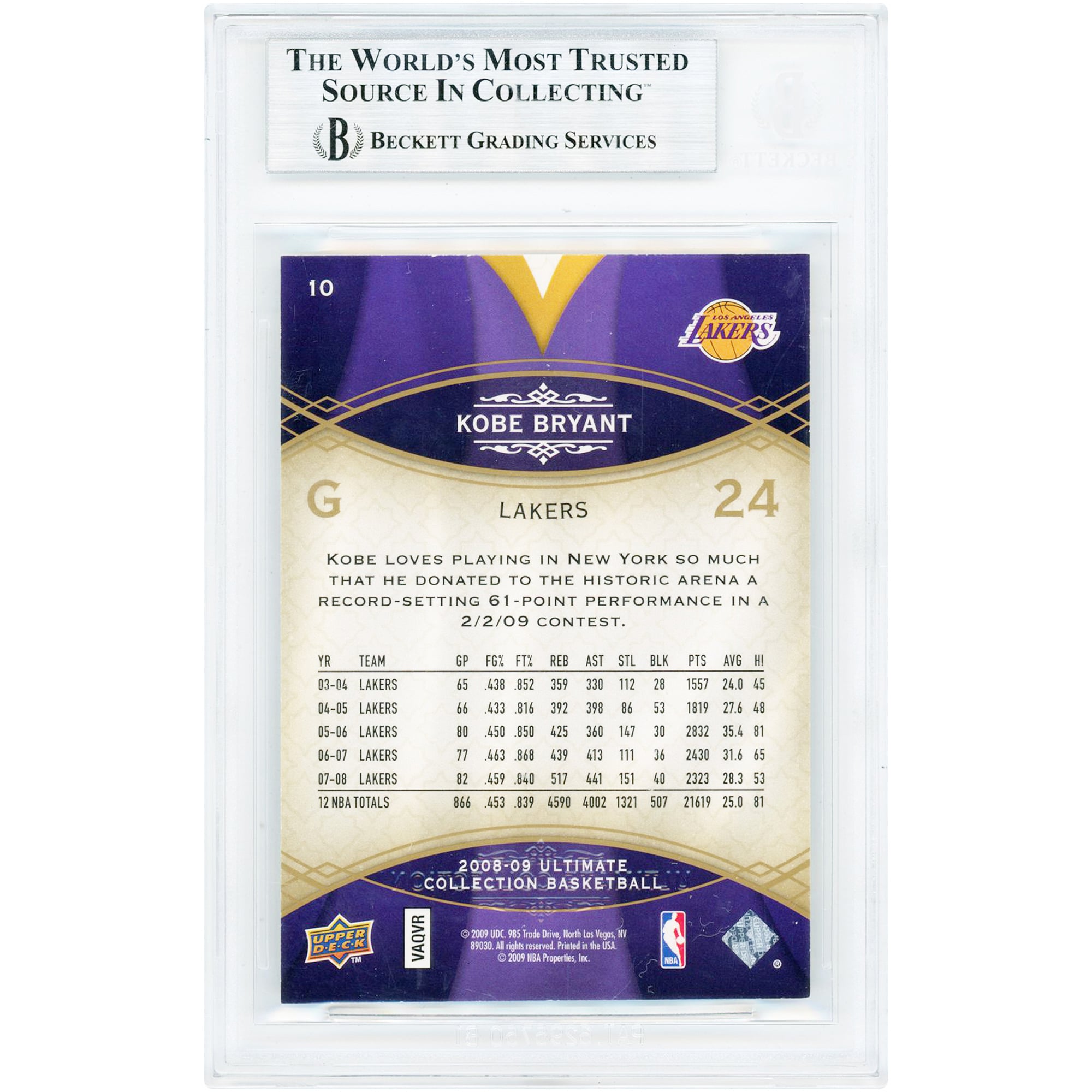 Kobe Bryant Los Angeles Lakers 2008-09 Upper Deck Ultimate Collection #10 #337/499 BGS Authenticated 8.5 Card - 9.5,8.5,8.5,8.5 Subgrades