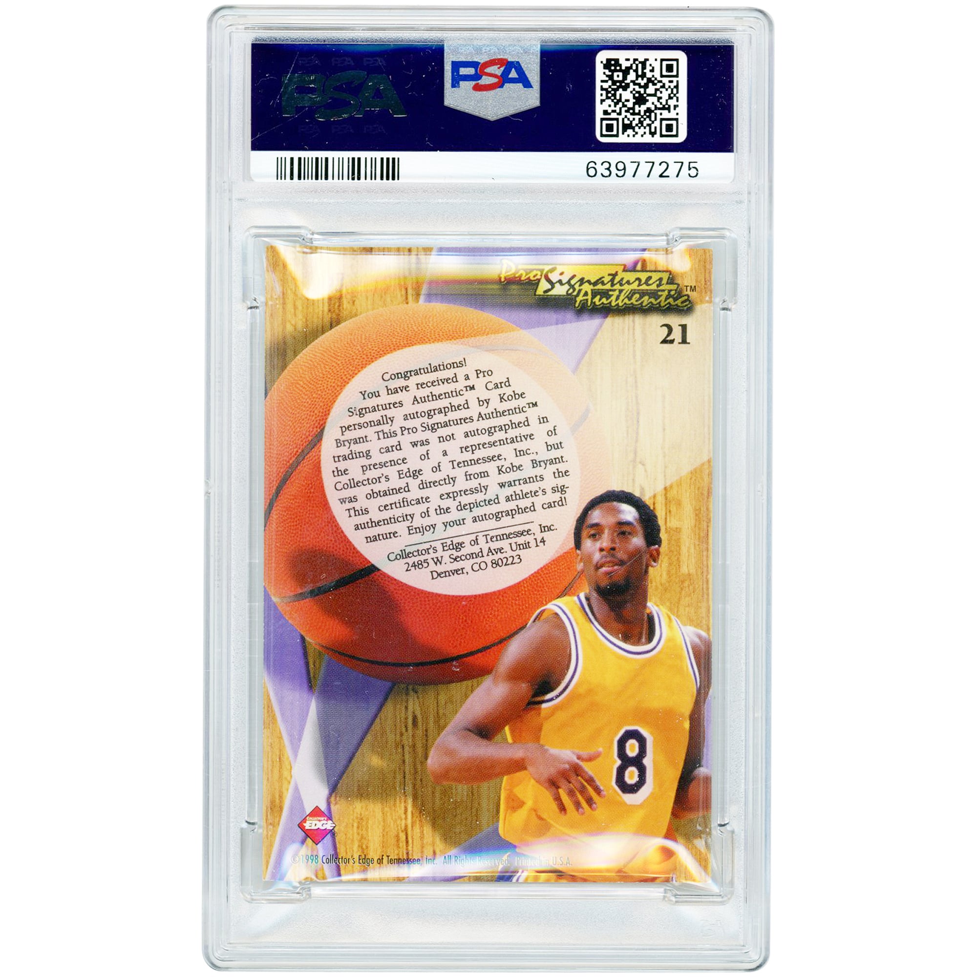Kobe Bryant Los Angeles Lakers Autographed 1997-98 Collector's Edge Impulse Pro Signatures #21 PSA Authenticated 8 Card