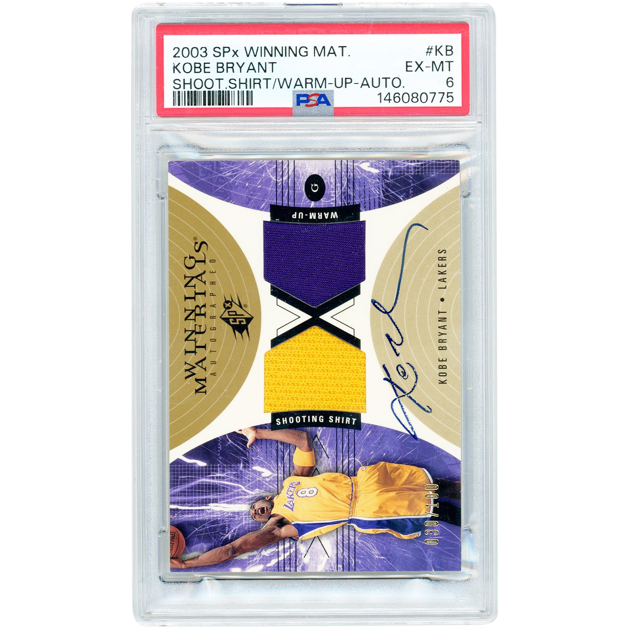 Carte de collection Kobe Bryant Los Angeles Lakers 2003-04 Upper Deck SPx Winning Materials, autographiée, avec deux reliques bicolores utilisées en match, n° KB, n° 30/100, authentifiée par PSA (6 cartes).