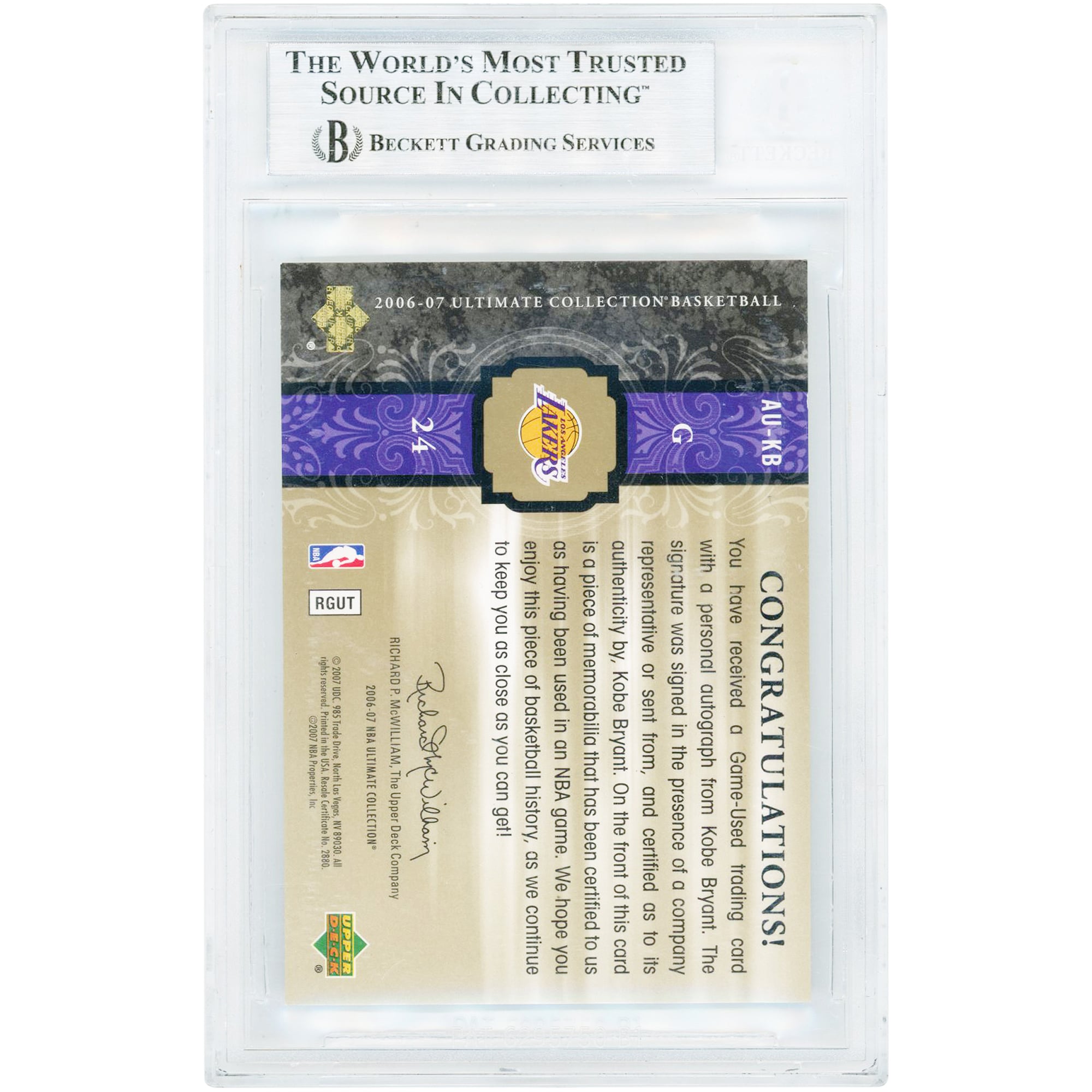 Kobe Bryant Los Angeles Lakers Autographed 2006-07 Upper Deck Ultimate Collection Game-Used Relic #AU-KB #33/75 BGS Authenticated Card