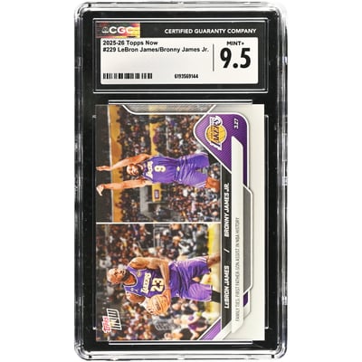 LeBron James & Bronny James Jr. Los Angeles Lakers 2025-26 Topps Now Family Ties: First Father-Son Assist in NBA History #229 CGC Authenticated 9.5 Card