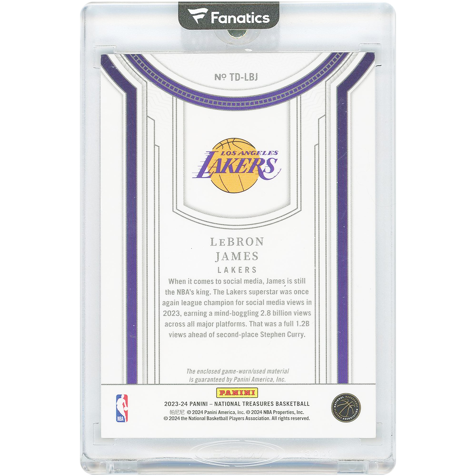 Carte LeBron James Los Angeles Lakers 2023-24 Panini National Treasures Treasured Threads International Red Relic #TD-LBJ #7/8