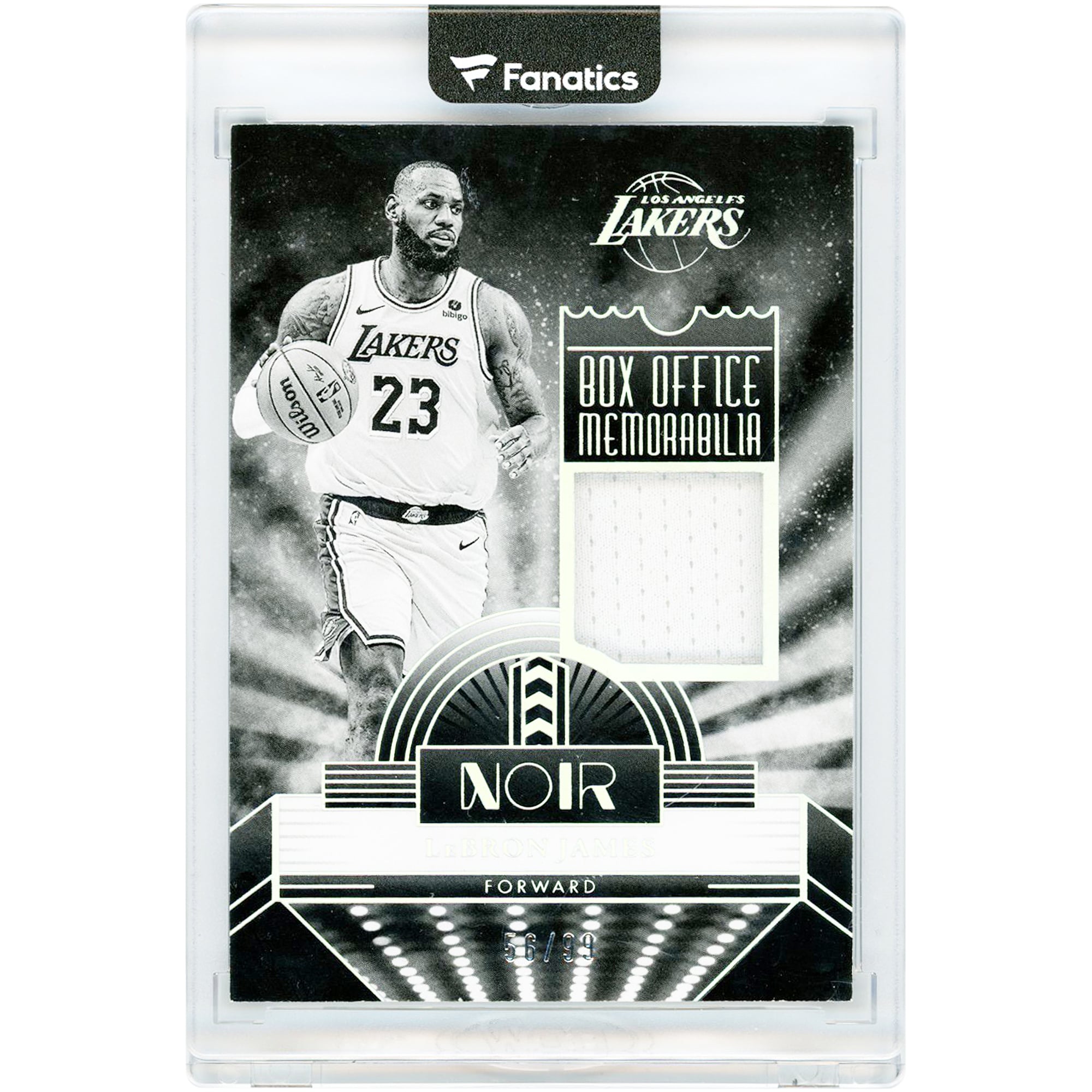 LeBron James Los Angeles Lakers 2023-24 Panini Noir Box Office Memorabilia Game Used Jersey Relic #BOM-LBJ #56/99 Card