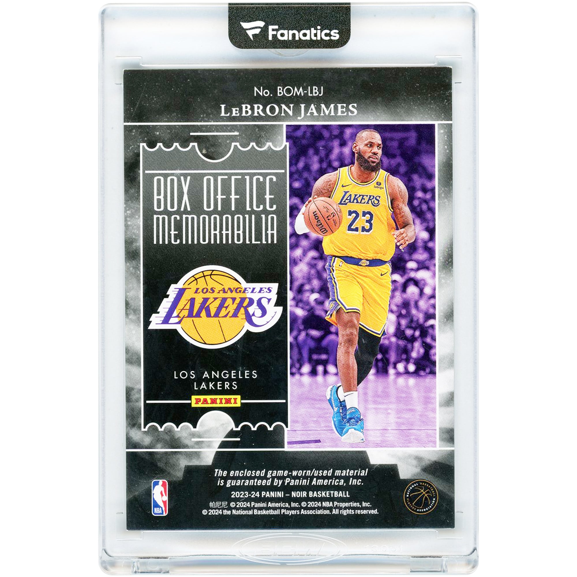 LeBron James Los Angeles Lakers 2023-24 Panini Noir Box Office Memorabilia Game Used Jersey Relic #BOM-LBJ #56/99 Card