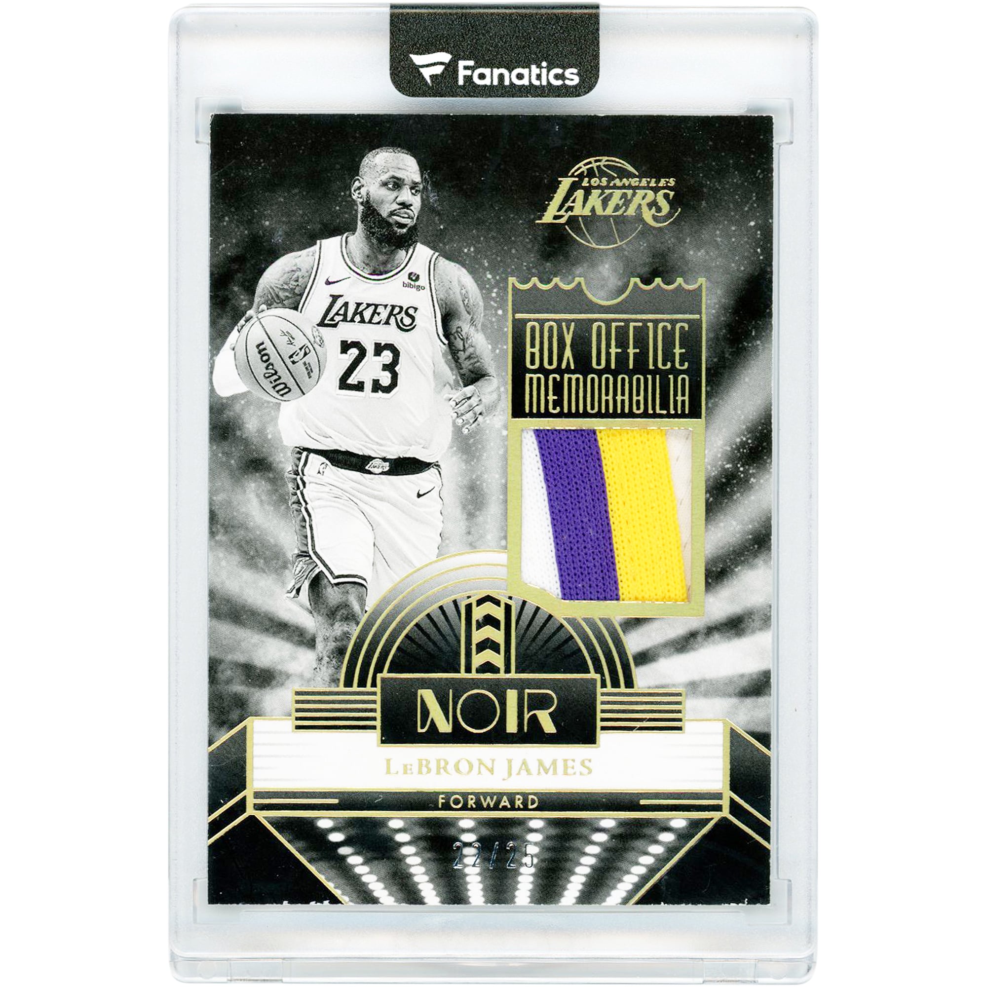 LeBron James Los Angeles Lakers 2023-24 Panini Noir Box Office Memorabilia Game Used Tri-Color Jersey Relic Gold #BOM-LBJ #22/25 Card