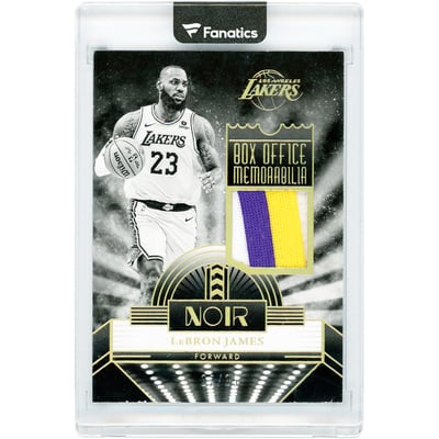 LeBron James Los Angeles Lakers 2023-24 Panini Noir Box Office Memorabilia Game Used Tri-Color Jersey Relic Gold #BOM-LBJ #22/25 Card