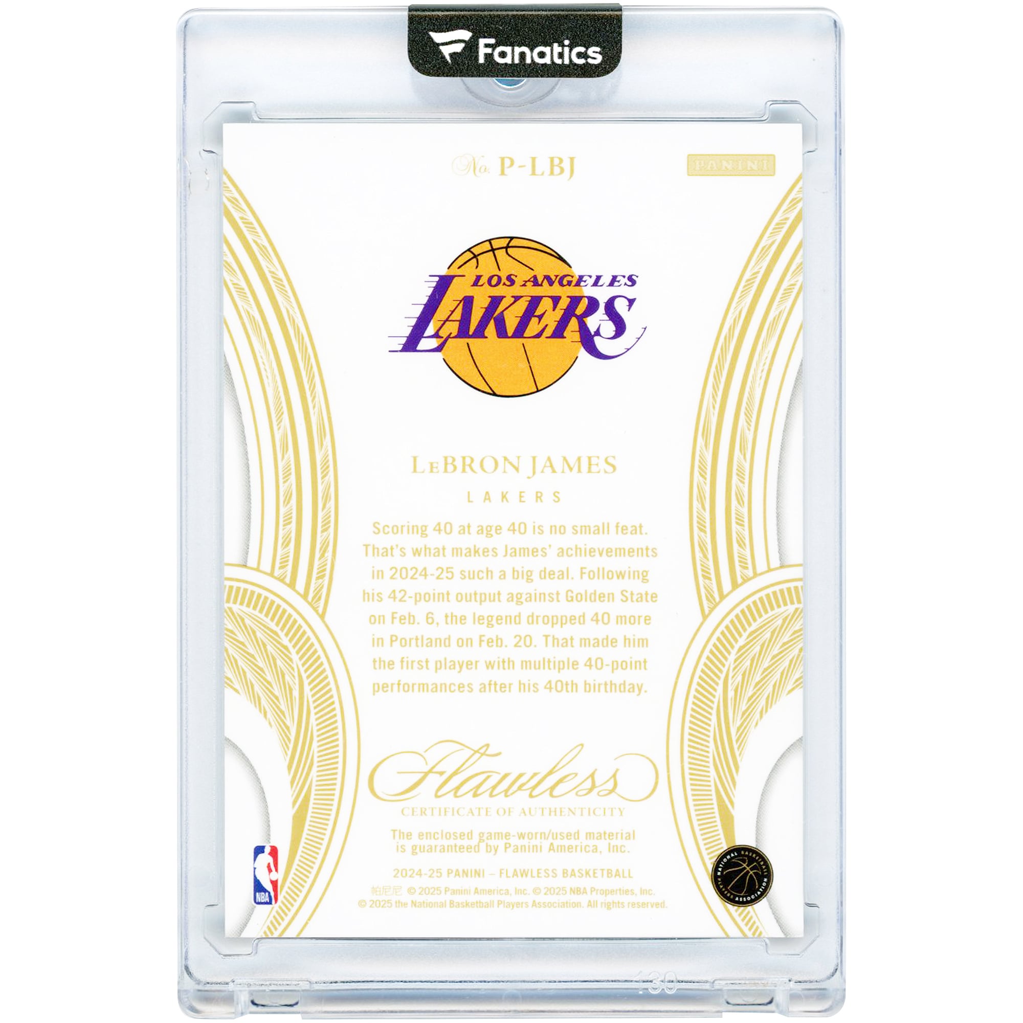Carte LeBron James Los Angeles Lakers 2024-25 Panini Flawless Tri-Color Game Used Relic #P-LBJ #10/25