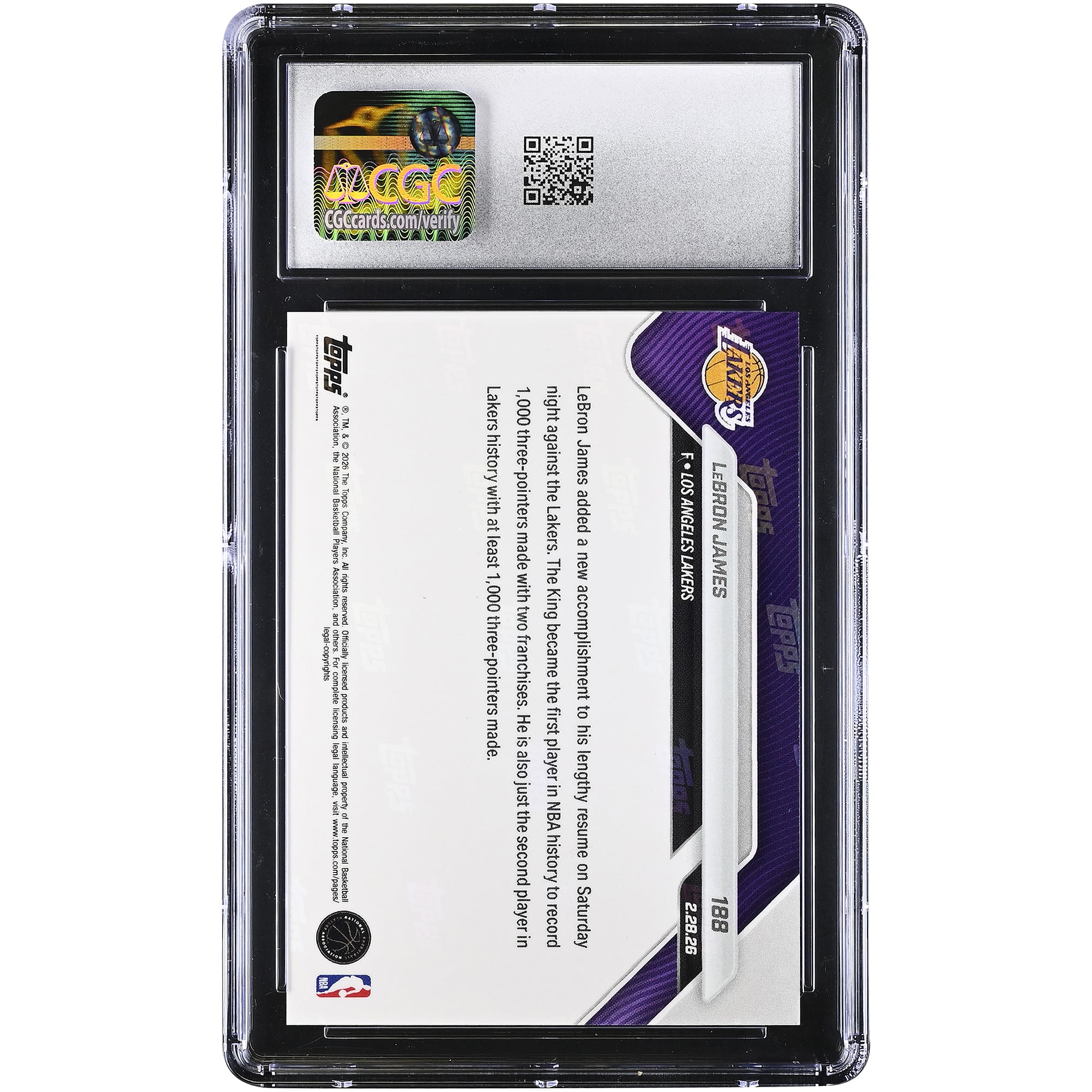 Carte LeBron James Los Angeles Lakers 2025-26 Topps Now, la toute première avec plus de 1 000 exemplaires, 3PM pour plusieurs franchises, n° 188, authentifiée CGC 9.5.