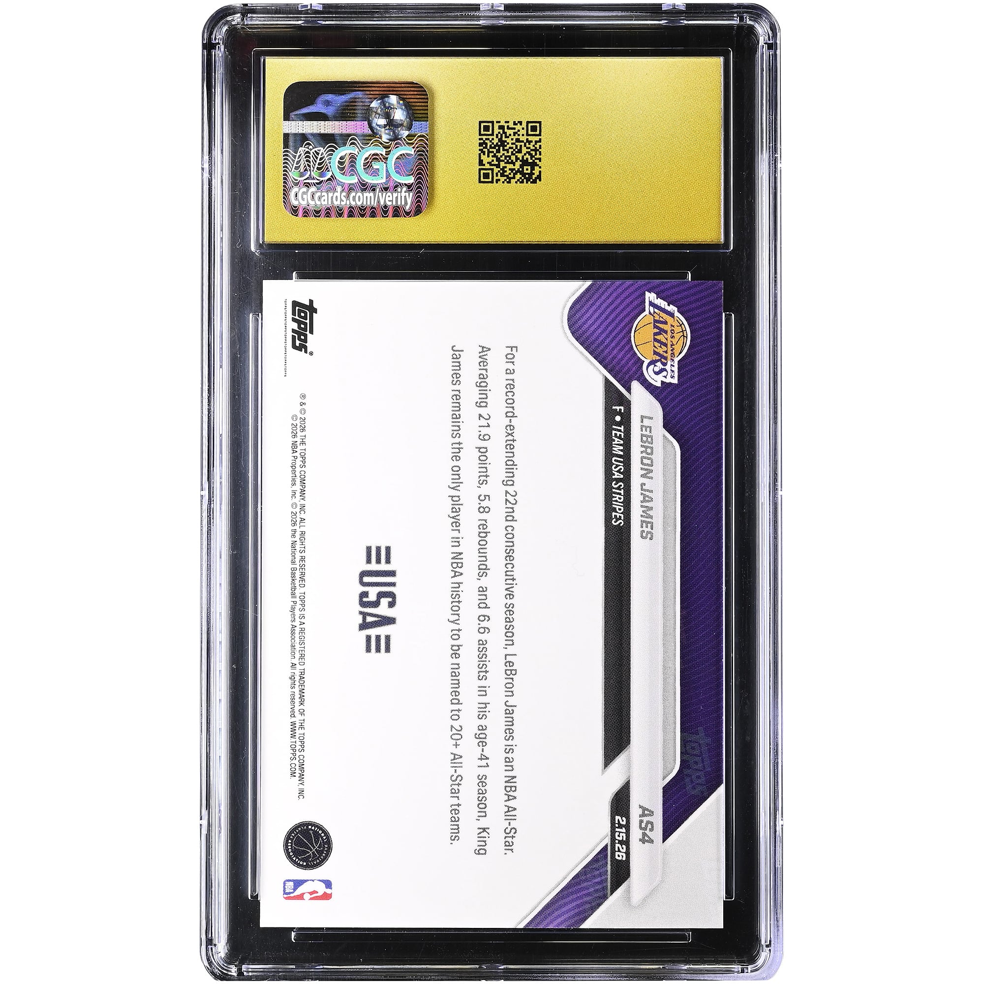 Carte LeBron James Los Angeles Lakers 2025-26 Topps Now All-Star Game #AS4 authentifiée CGC, état PRISTINE 10