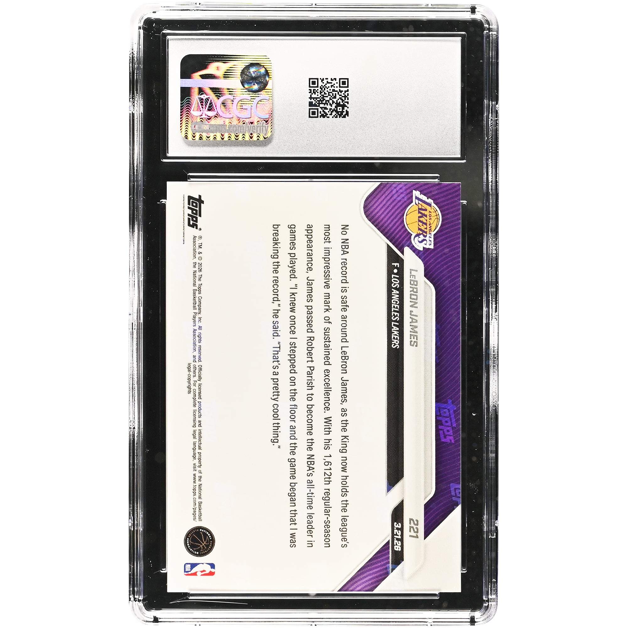 Carte LeBron James Los Angeles Lakers 2025-26 Topps Now : Même roi, nouvelle couronne : Carte la plus jouée de tous les temps (1 612) n° 221 authentifiée CGC 9.5