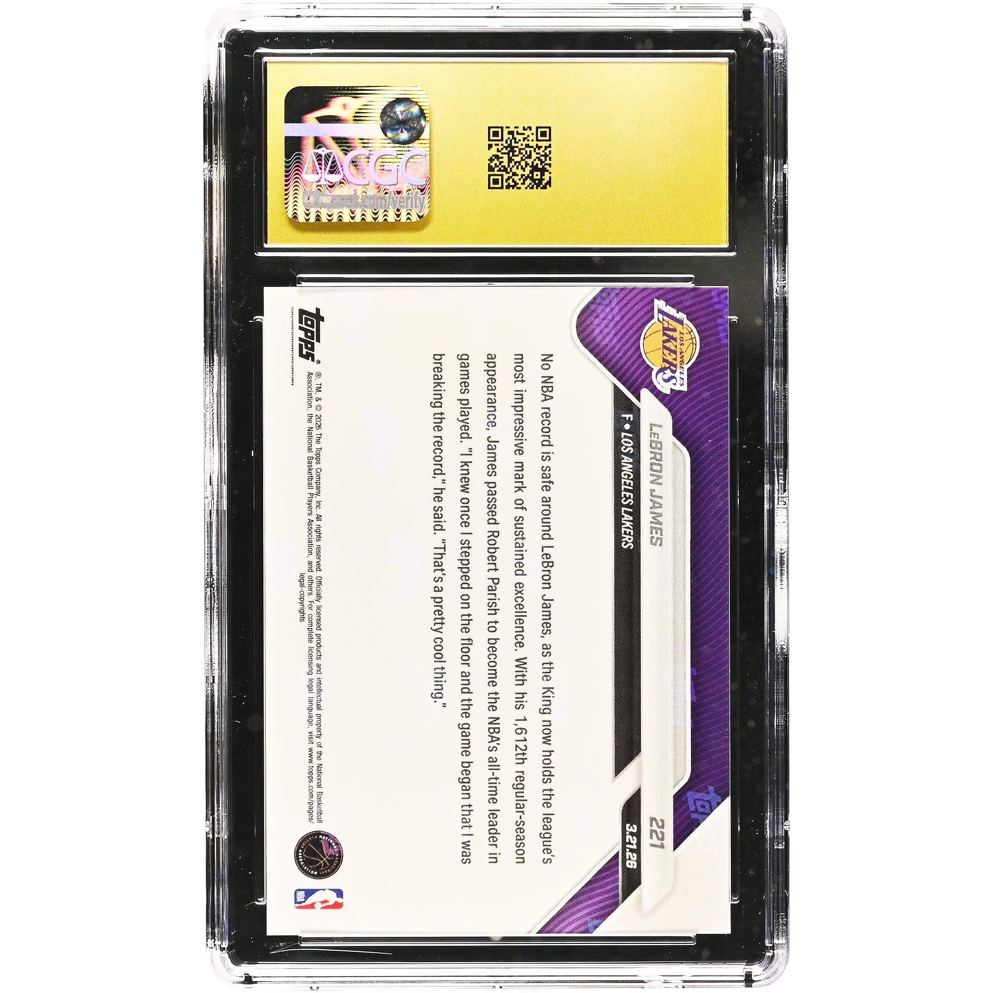 Carte Topps Now 2025-26 de LeBron James, Los Angeles Lakers : Même roi, nouvelle couronne : Carte la plus jouée de tous les temps (1 612) n° 221, authentifiée CGC, état impeccable (10/10).