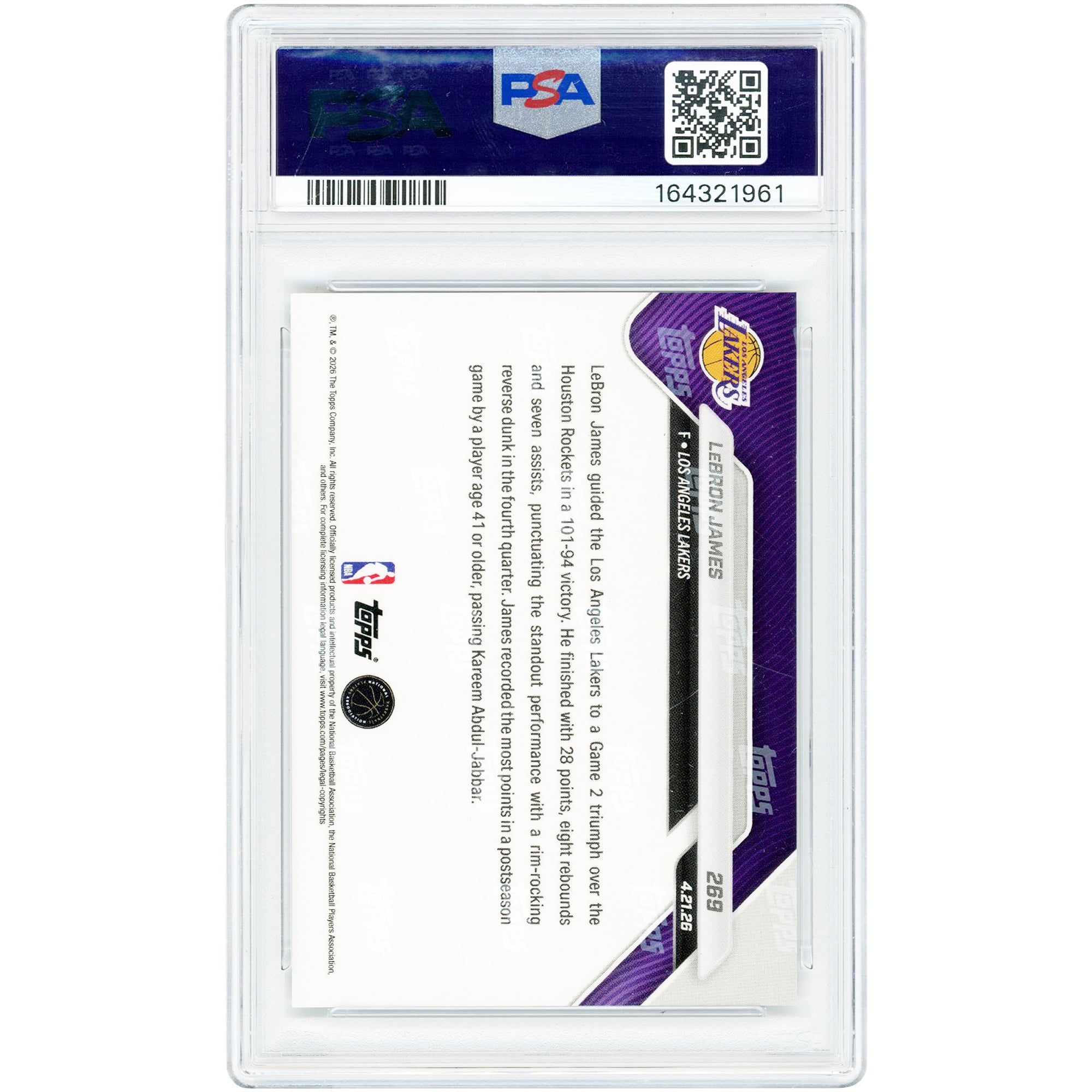 Carte Topps Now 2025 « Dazzling Reverse Jam » de LeBron James, Los Angeles Lakers, Foilfractor n° 269, authentifiée PSA, numéro 1/1.