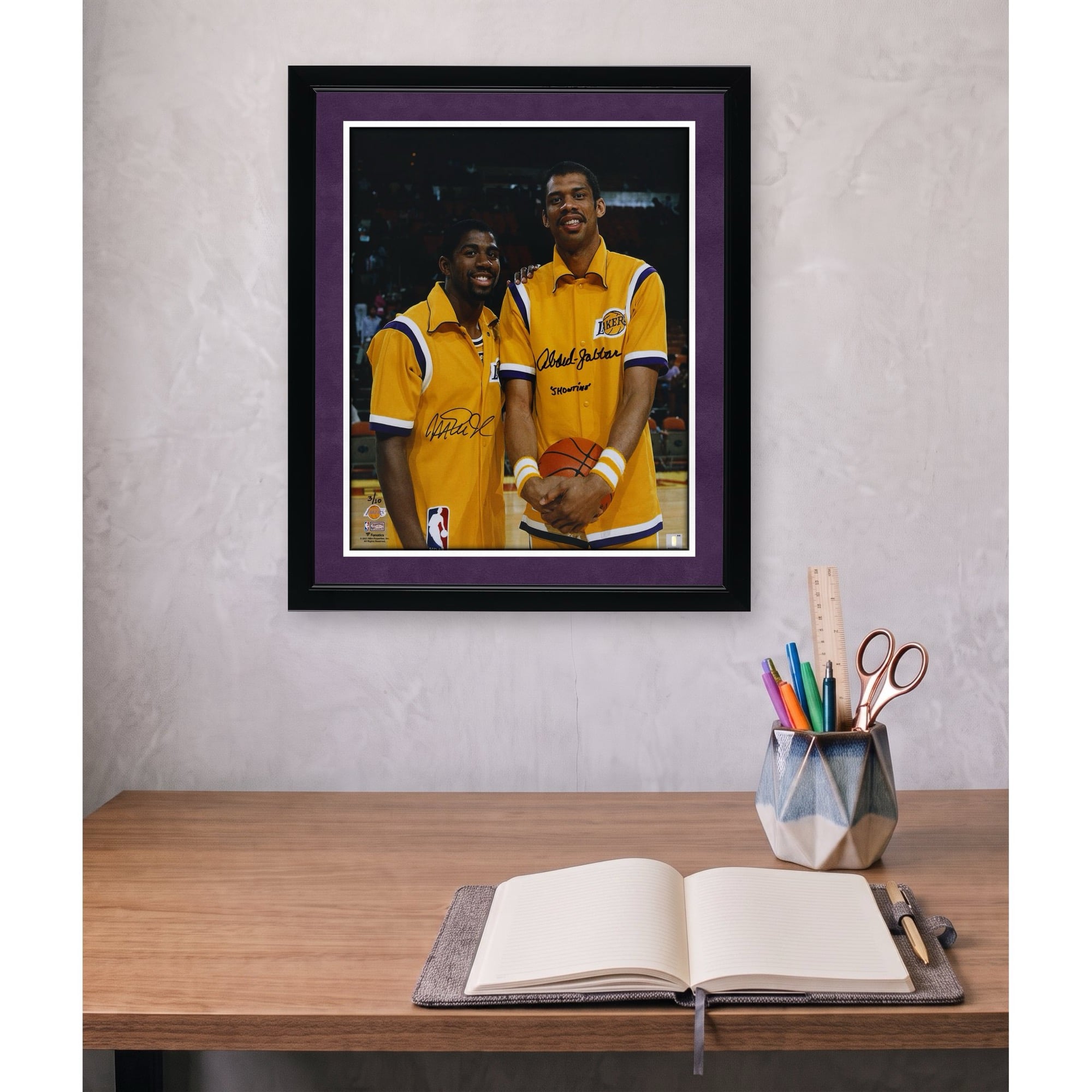 Magic Johnson & Kareem Abdul-Jabbar Los Angeles Lakers Autographed 16" x 20" Warm-ups Photograph with "Showtime" Inscription