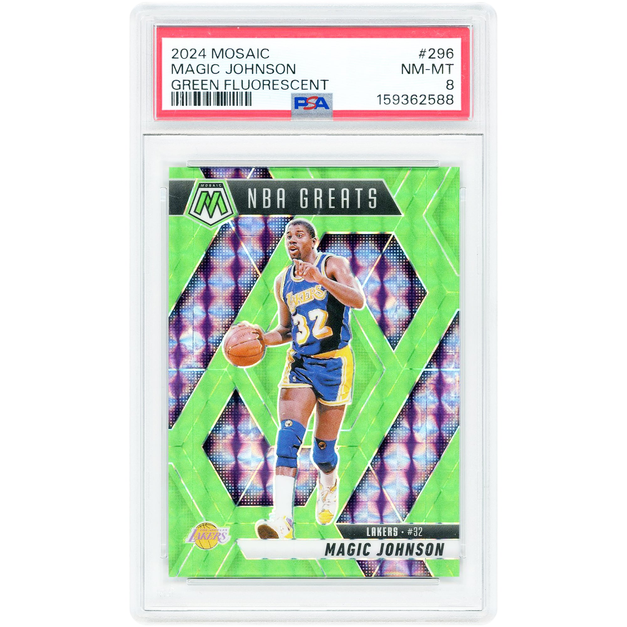 Magic Johnson Los Angeles Lakers 2024 Panini Mosaic Green Fluorescent Prizm #296 #4/10 PSA Authenticated 8 Card