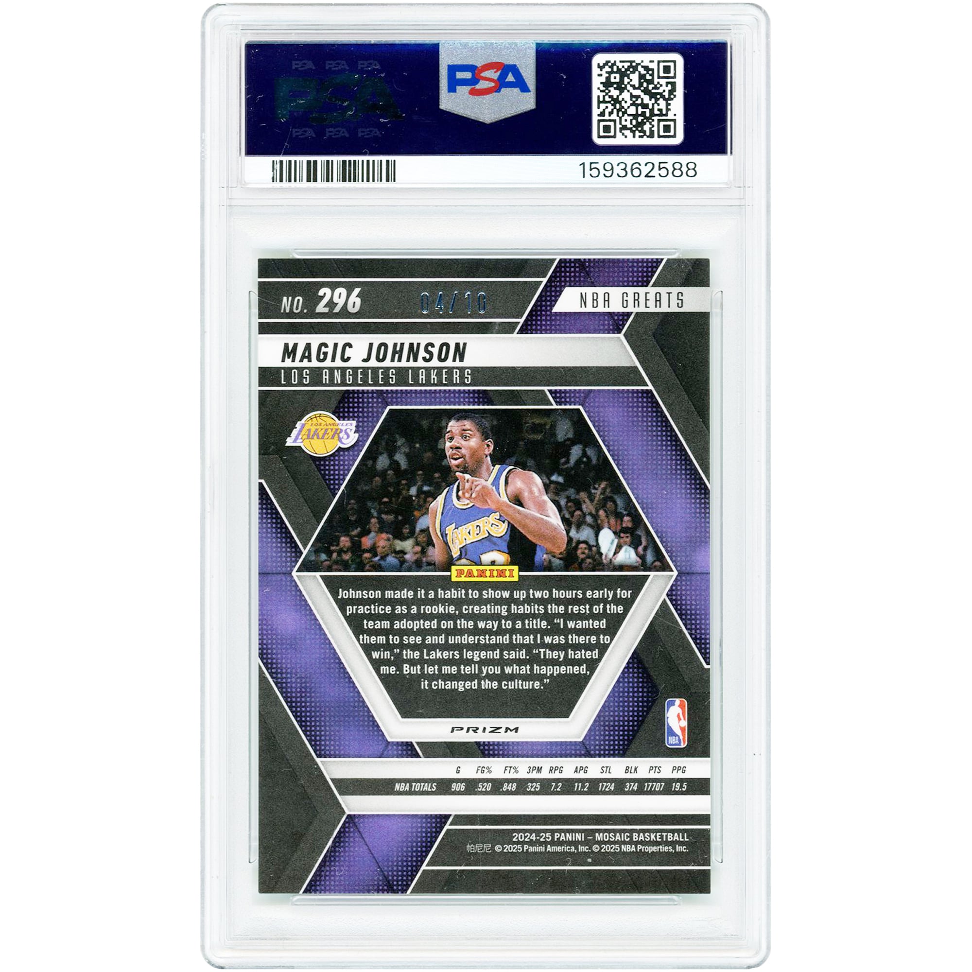 Magic Johnson Los Angeles Lakers 2024 Panini Mosaic Green Fluorescent Prizm #296 #4/10 PSA Authenticated 8 Card