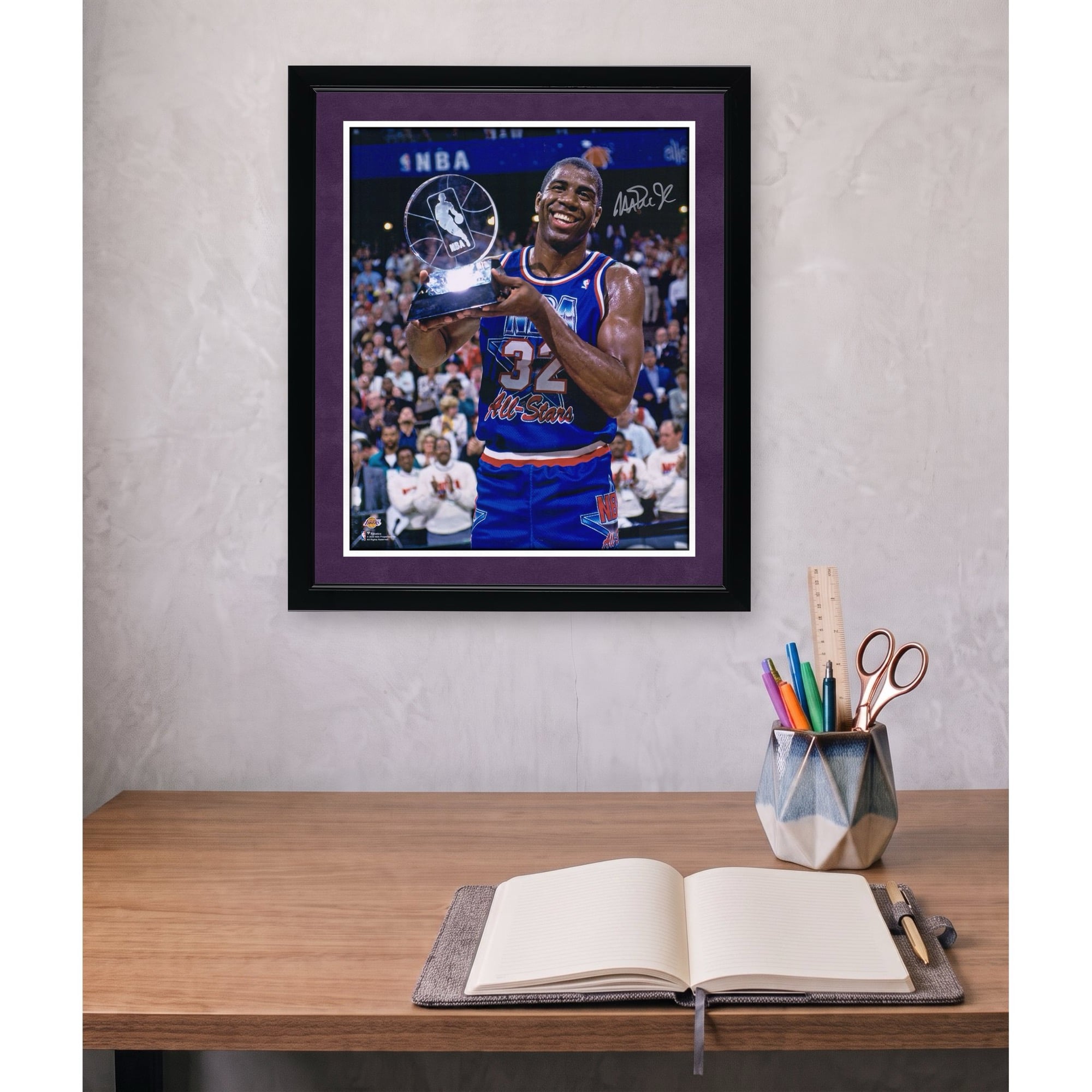Magic Johnson Los Angeles Lakers Autographed 16" x 20" Holding All-Star Game MVP Trophy Photograph