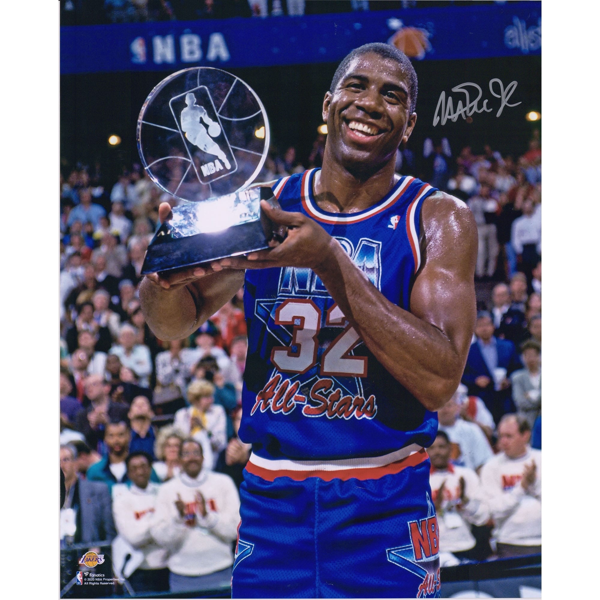 Magic Johnson Los Angeles Lakers Autographed 16" x 20" Holding All-Star Game MVP Trophy Photograph