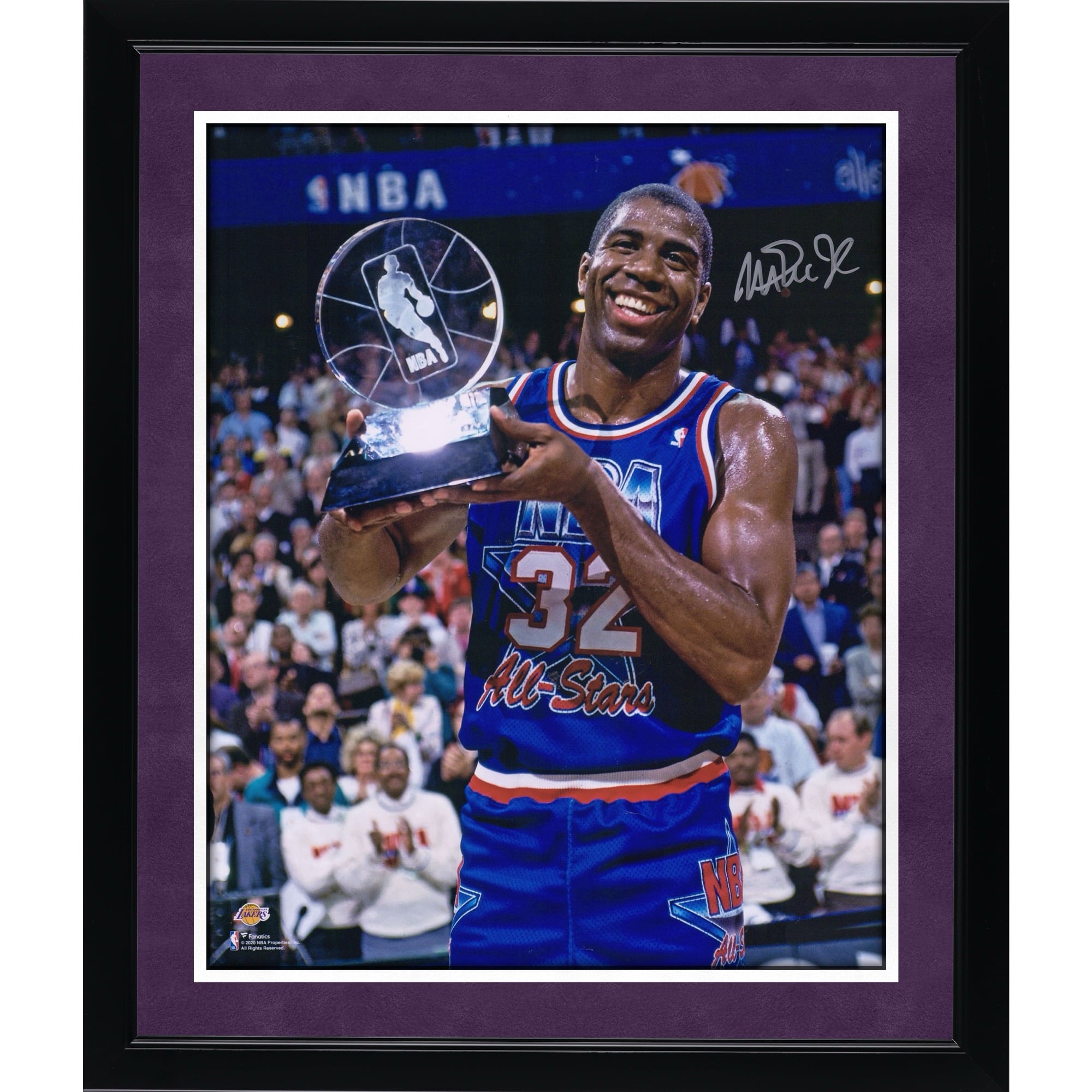 Magic Johnson Los Angeles Lakers Autographed 16" x 20" Holding All-Star Game MVP Trophy Photograph