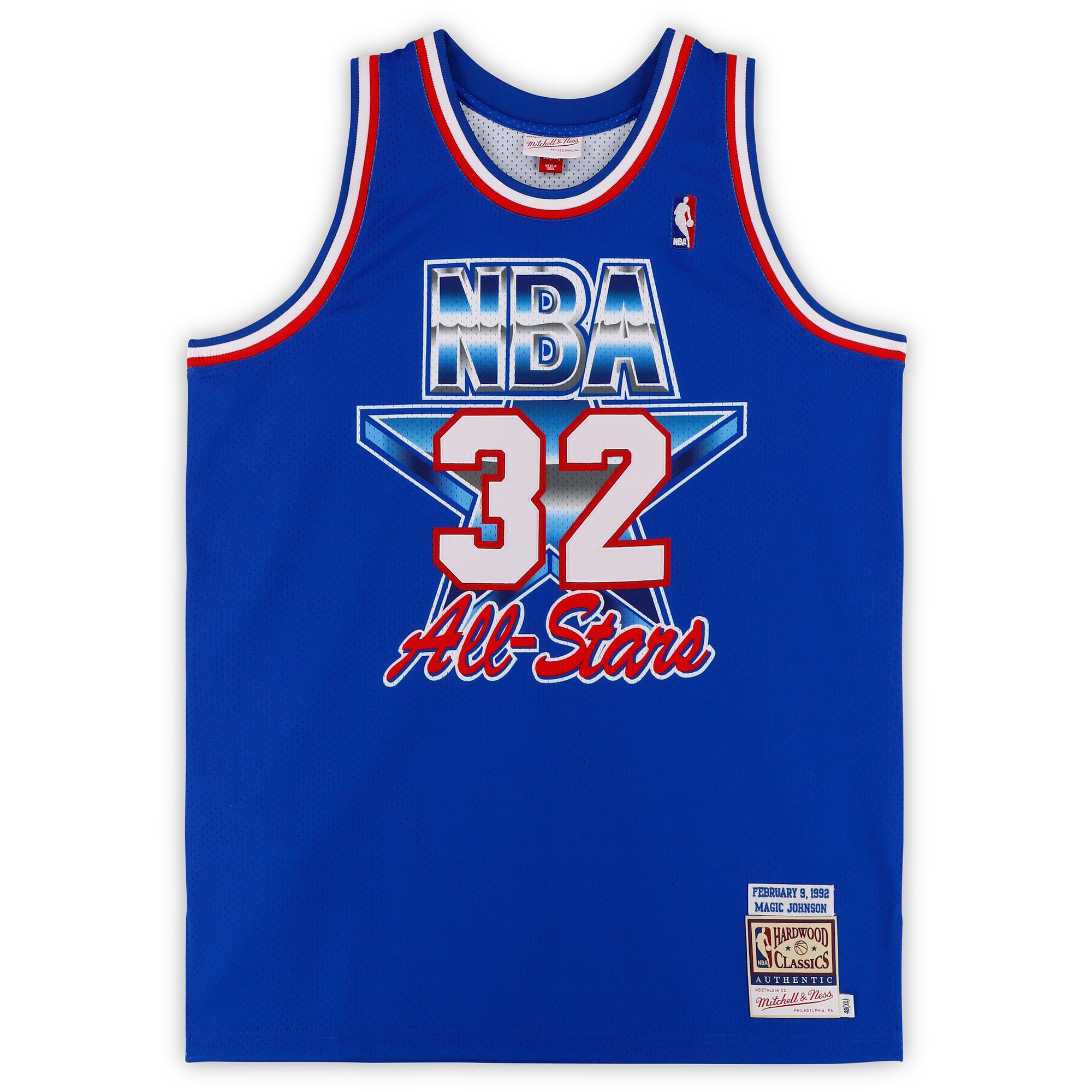 Maillot Swingman bleu Mitchell & Ness autographié par Magic Johnson, Los Angeles Lakers, porté lors du All-Star Game 1992.