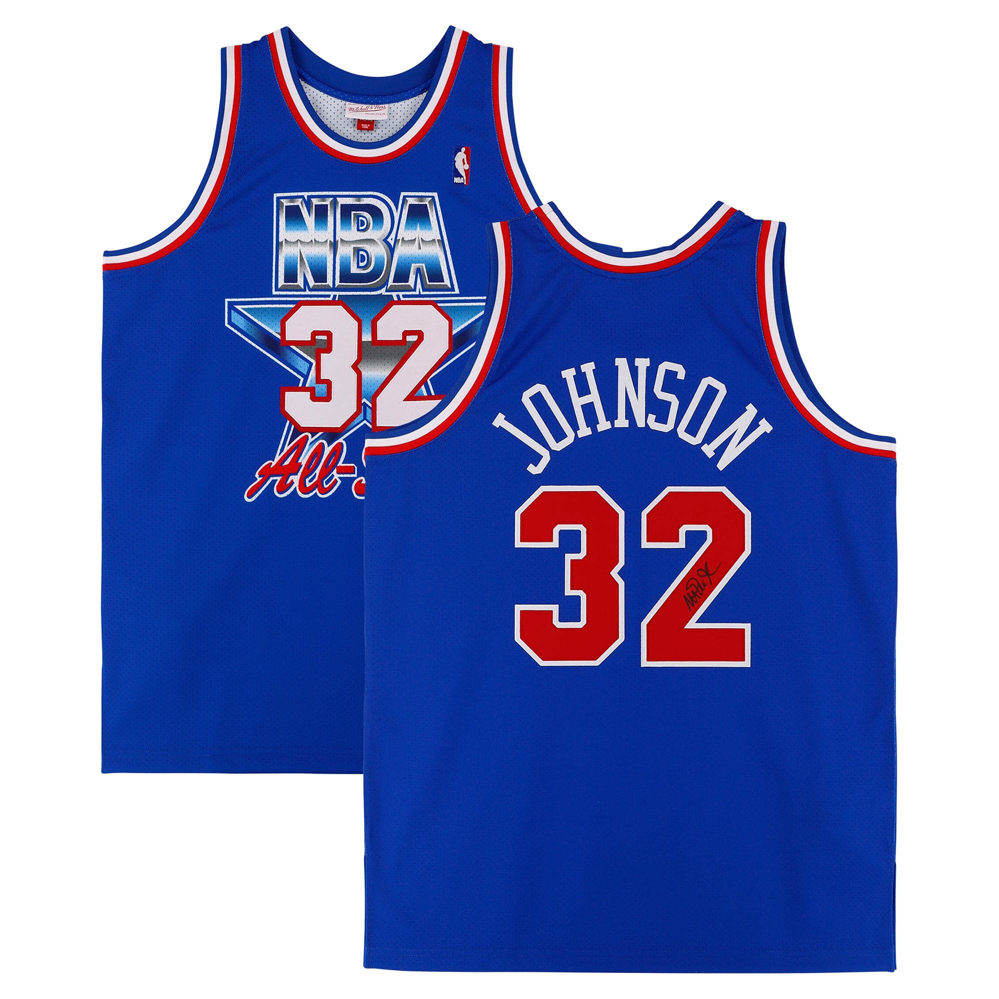 Maillot Swingman bleu Mitchell & Ness autographié par Magic Johnson, Los Angeles Lakers, porté lors du All-Star Game 1992.