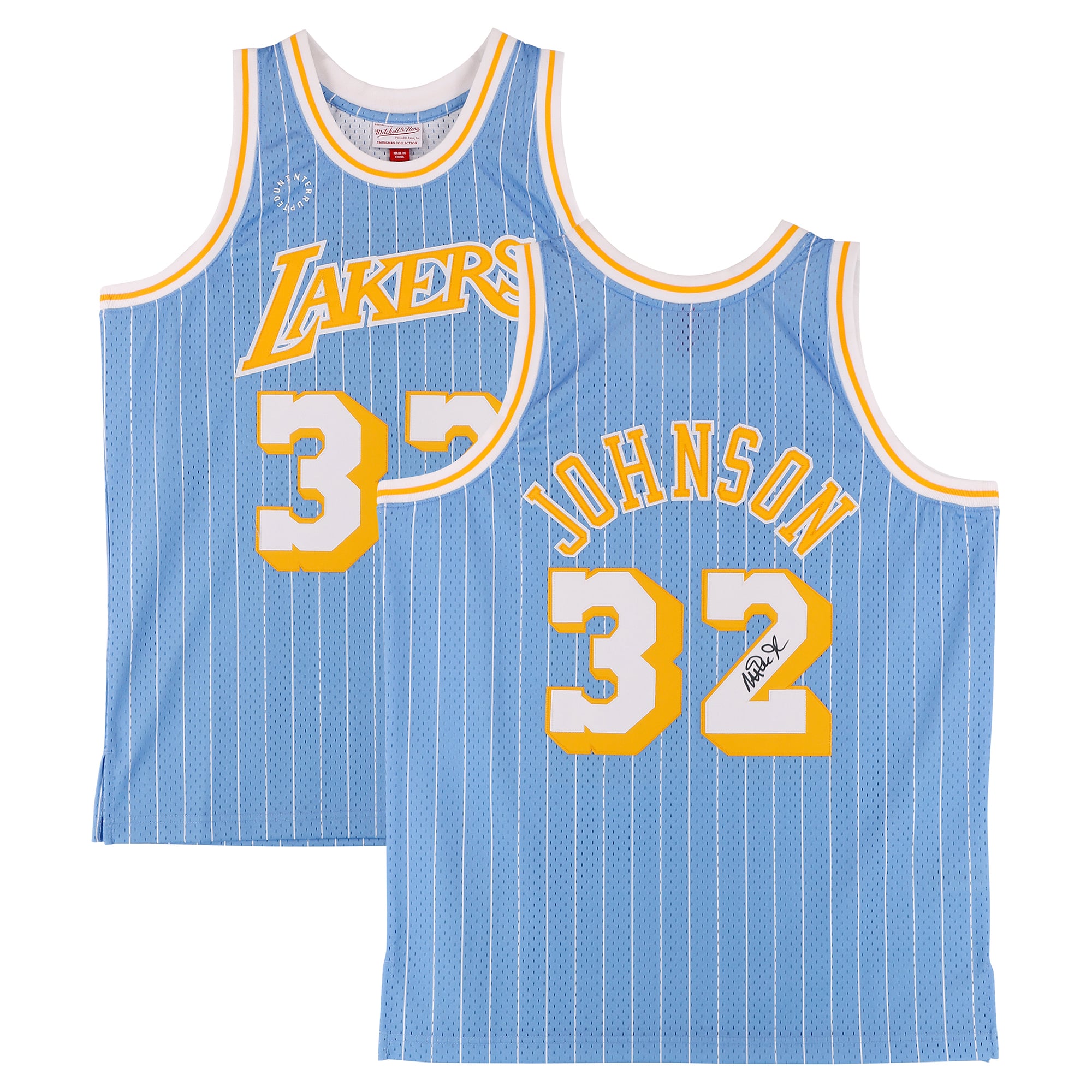 Maillot Swingman bleu clair autographié par Magic Johnson des Los Angeles Lakers, Mitchell & Ness 1984 X Un-Interrupted