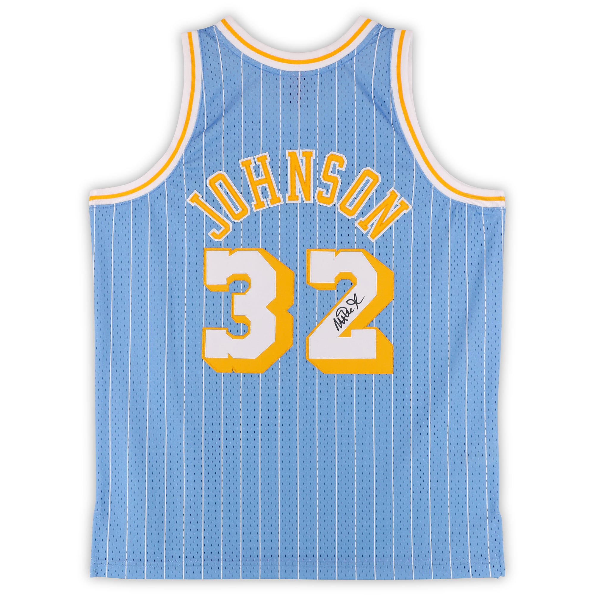 Maillot Swingman bleu clair autographié par Magic Johnson des Los Angeles Lakers, Mitchell & Ness 1984 X Un-Interrupted
