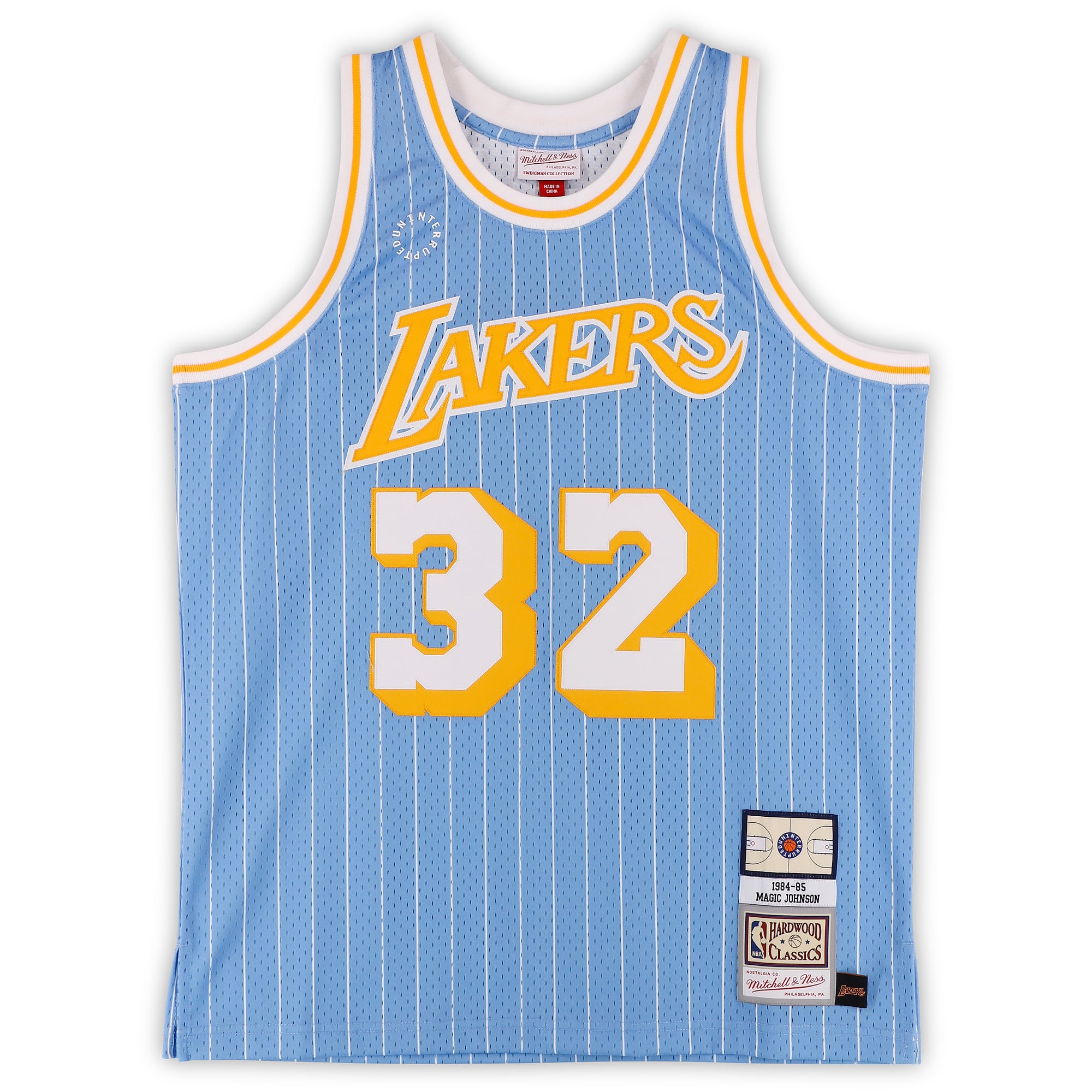 Maillot Swingman bleu clair autographié par Magic Johnson des Los Angeles Lakers, Mitchell & Ness 1984 X Un-Interrupted