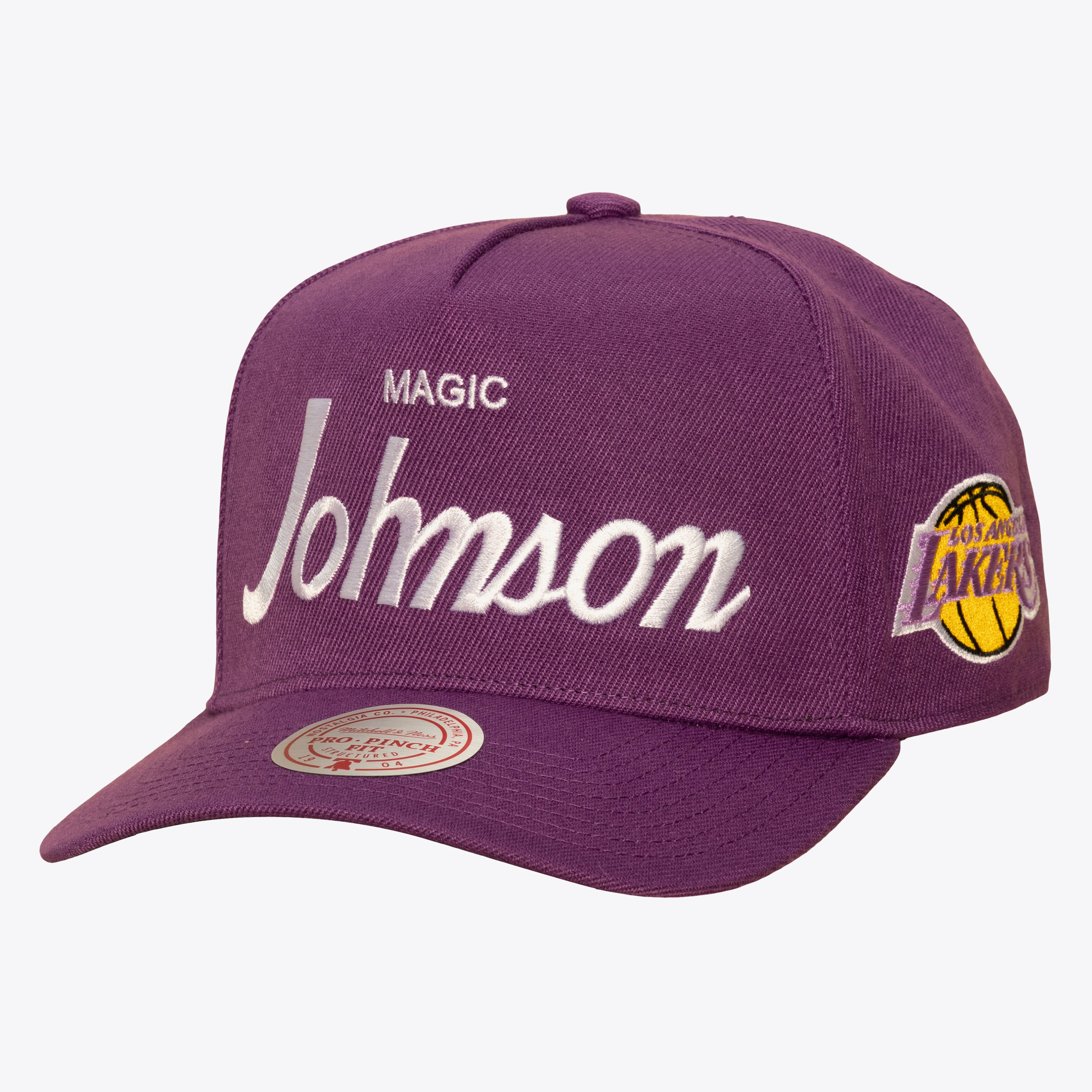 Magic Johnson Los Angeles Lakers Purple Hardwood Classics Player Script Pro Pinch Snapback Hat
