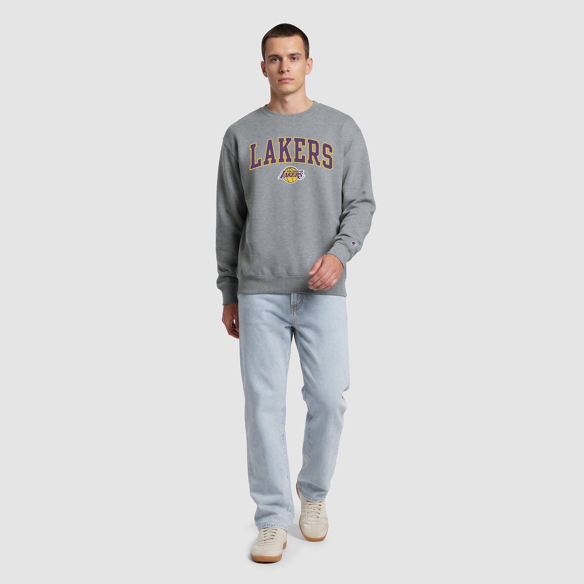 Sweat-shirt à col rond contrasté gris Champion pour homme, Los Angeles Lakers