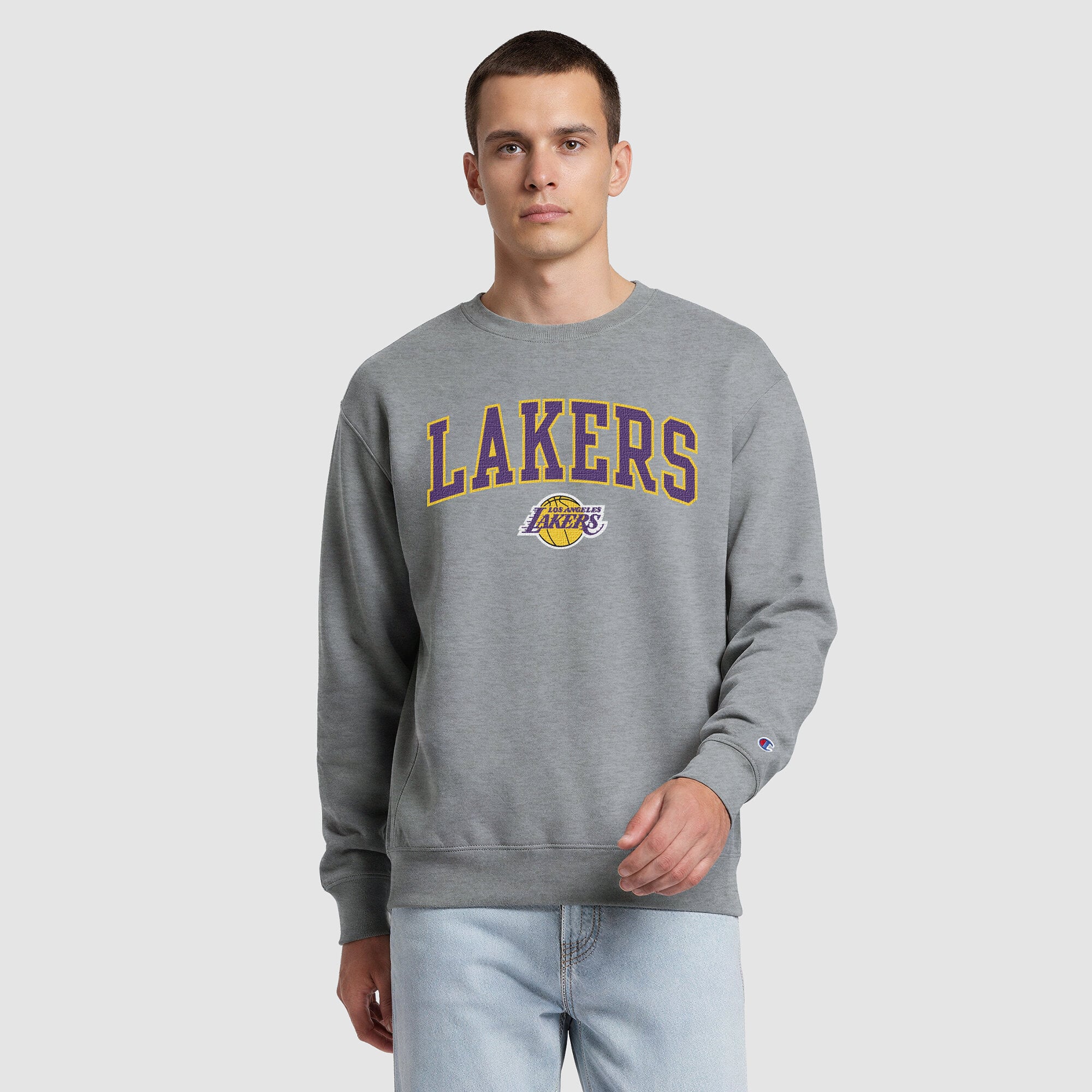 Sweat-shirt à col rond contrasté gris Champion pour homme, Los Angeles Lakers