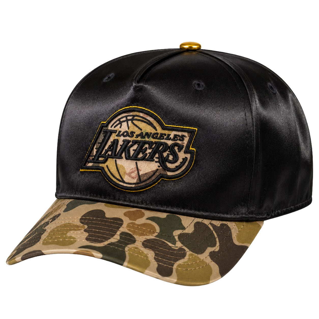 Men's Mitchell & Ness Black/Camo Los Angeles Lakers Trophy Satin A-Frame Snapback Hat