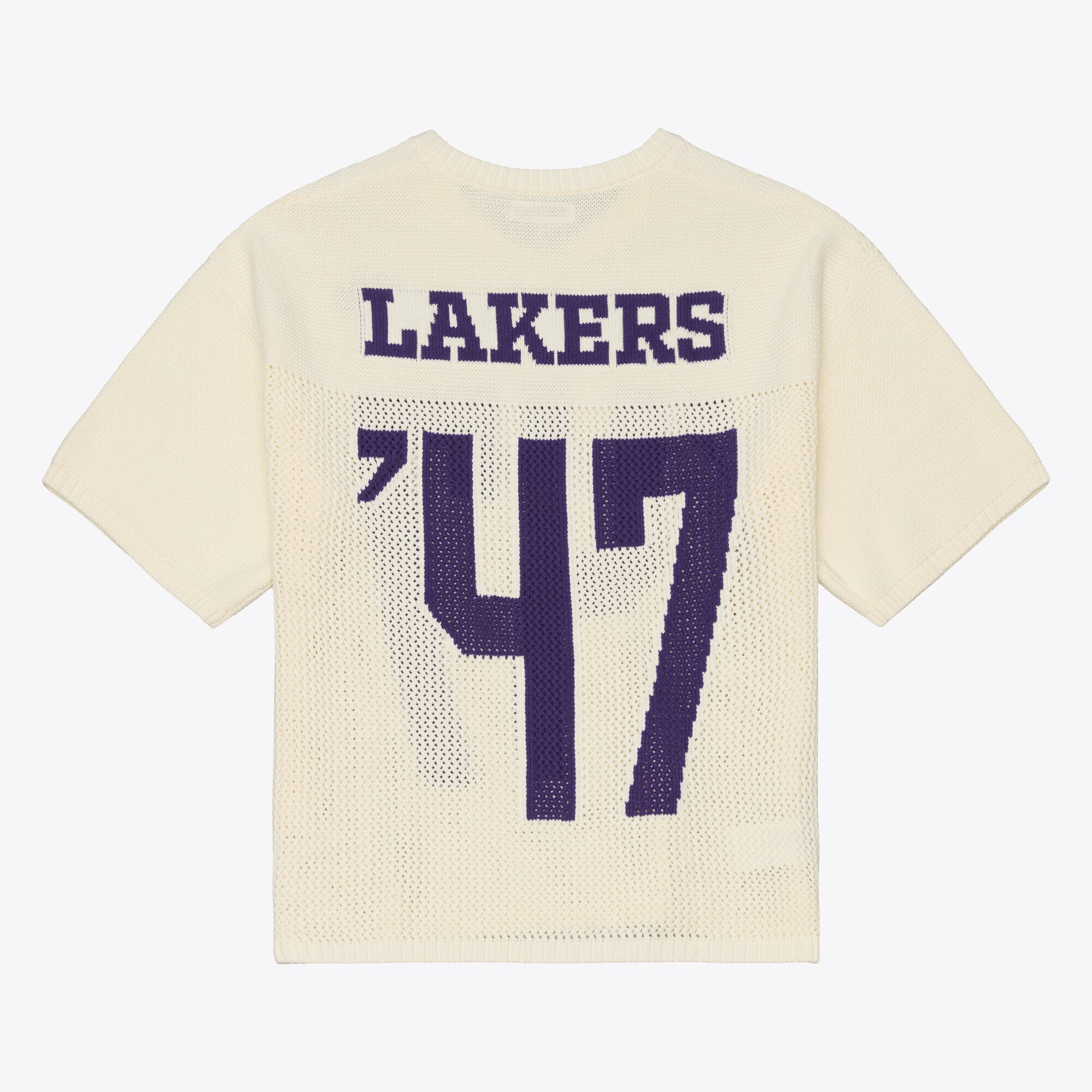 Men's Mitchell & Ness Cream Los Angeles Lakers Hardwood Classics Retro Roots Short Sleeve Sweater Jersey