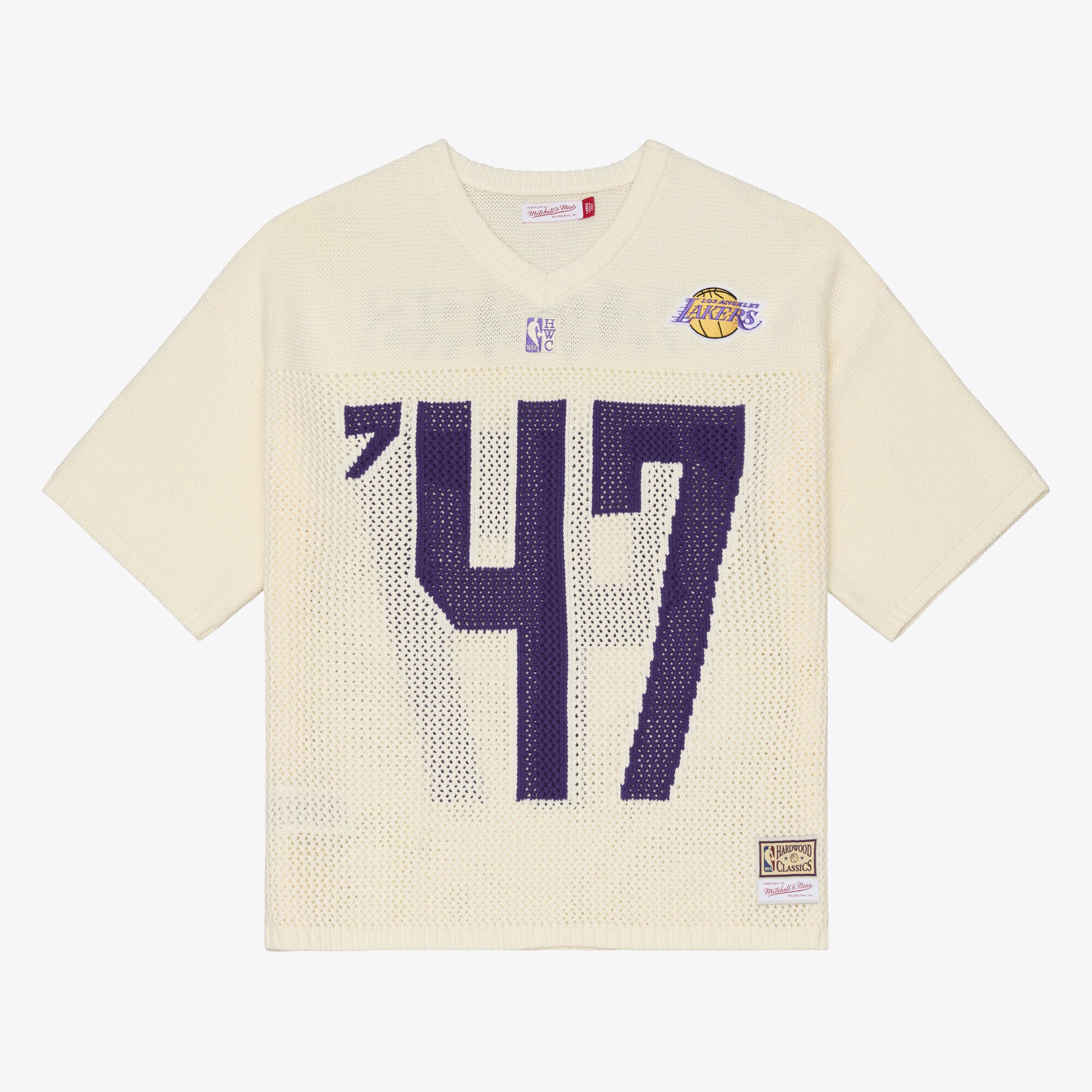 Men's Mitchell & Ness Cream Los Angeles Lakers Hardwood Classics Retro Roots Short Sleeve Sweater Jersey
