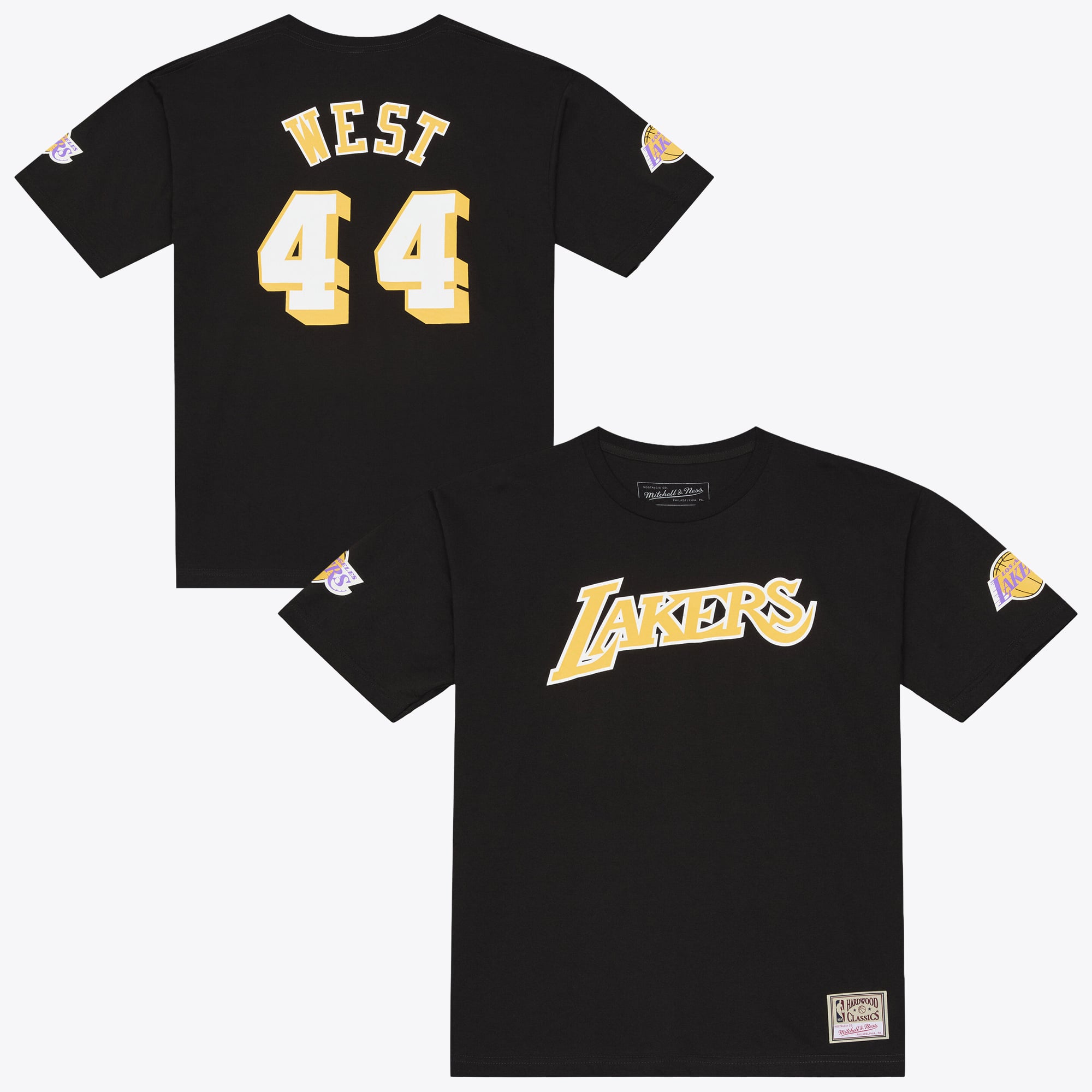 T-shirt classique Mitchell & Ness Jerry West noir Los Angeles Lakers Hardwood Classics pour homme, avec nom et numéro