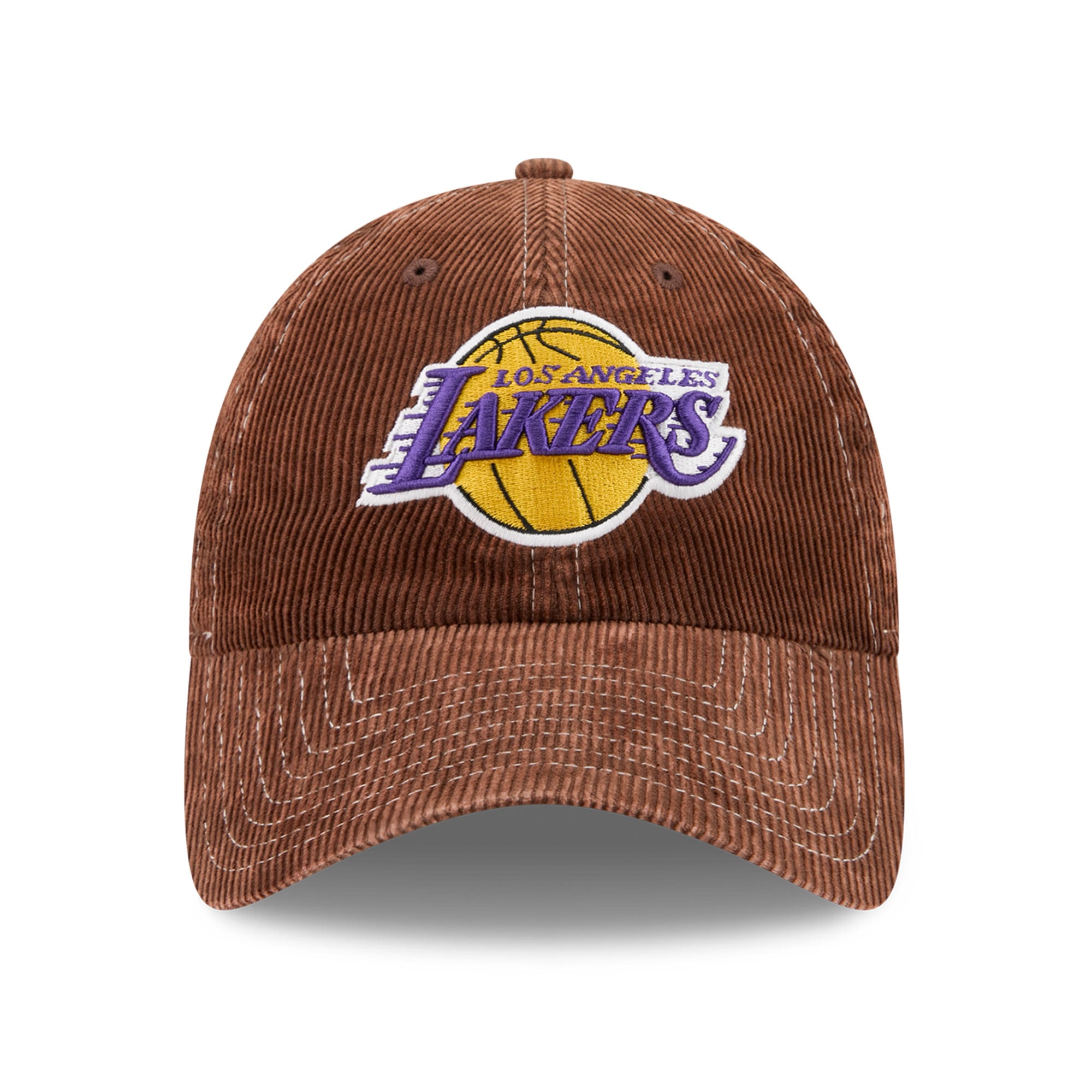 Casquette New Era marron Los Angeles Lakers en velours côtelé, style classique, ajustable.