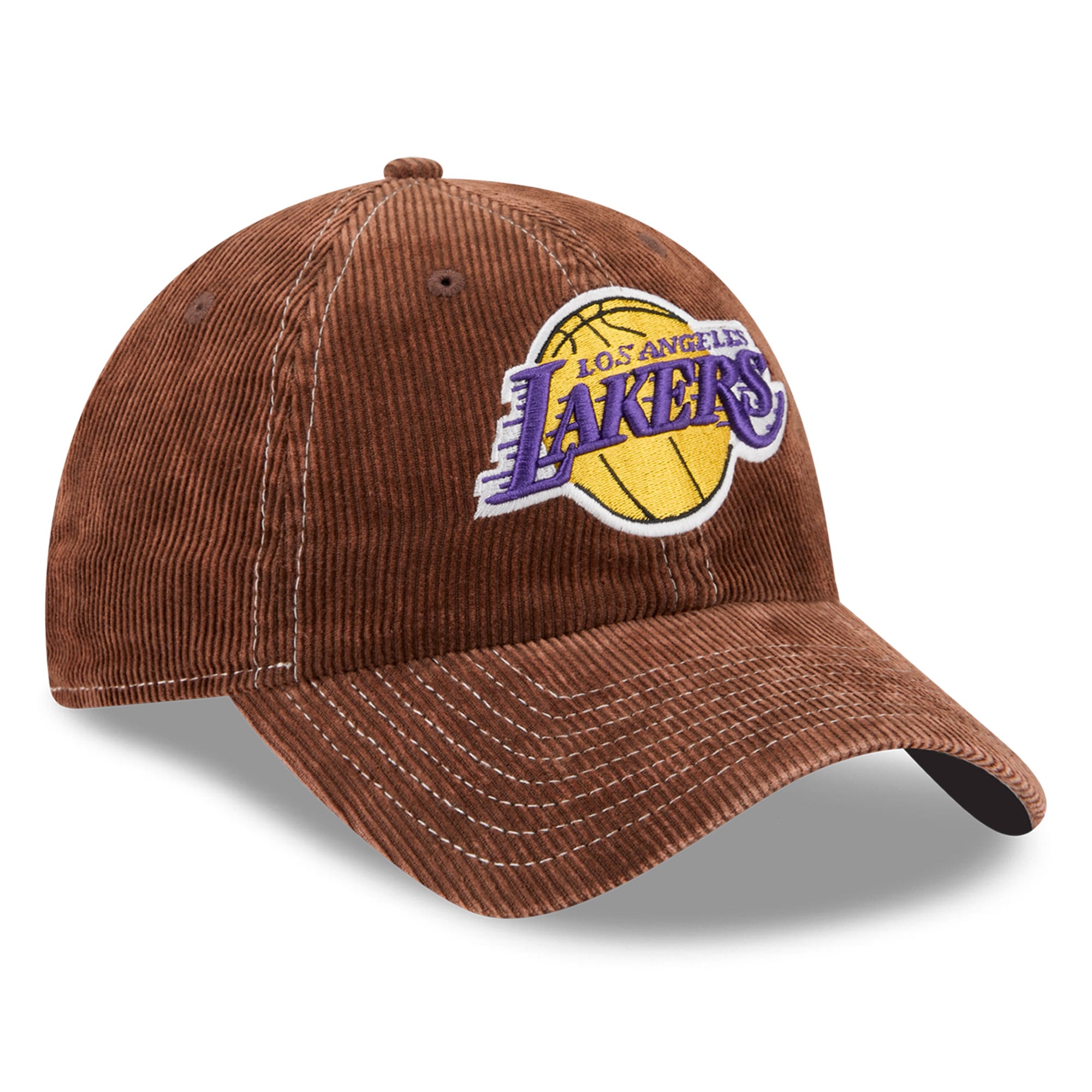 Casquette New Era marron Los Angeles Lakers en velours côtelé, style classique, ajustable.