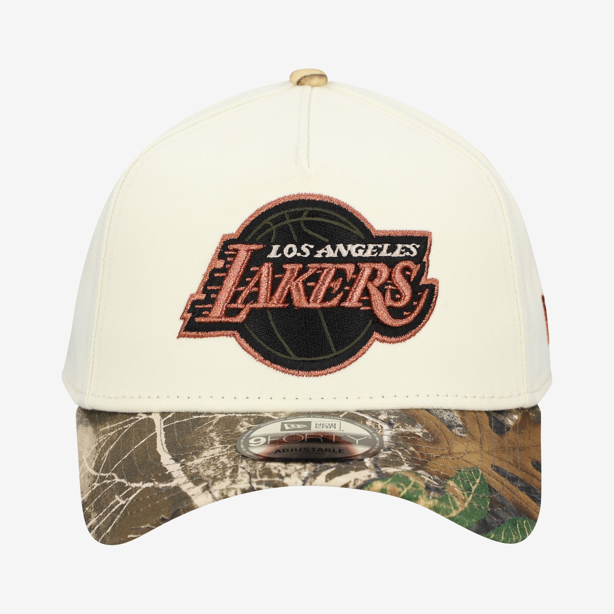 Men's New Era Cream Los Angeles Lakers Realtree Chrome Two-Tone 9FORTY A-Frame Adjustable Hat
