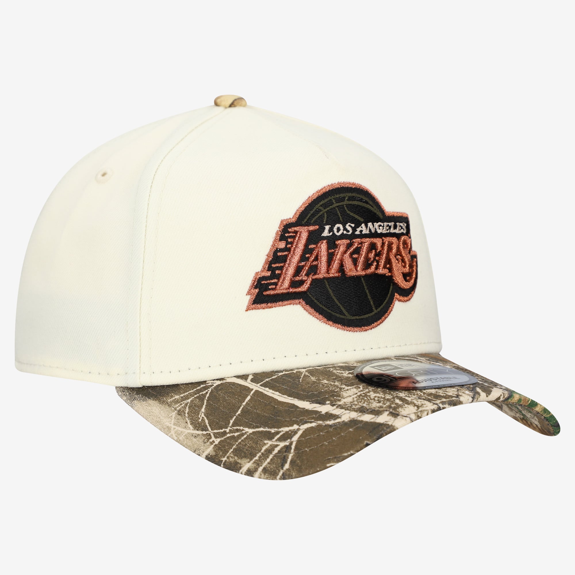 Men's New Era Cream Los Angeles Lakers Realtree Chrome Two-Tone 9FORTY A-Frame Adjustable Hat