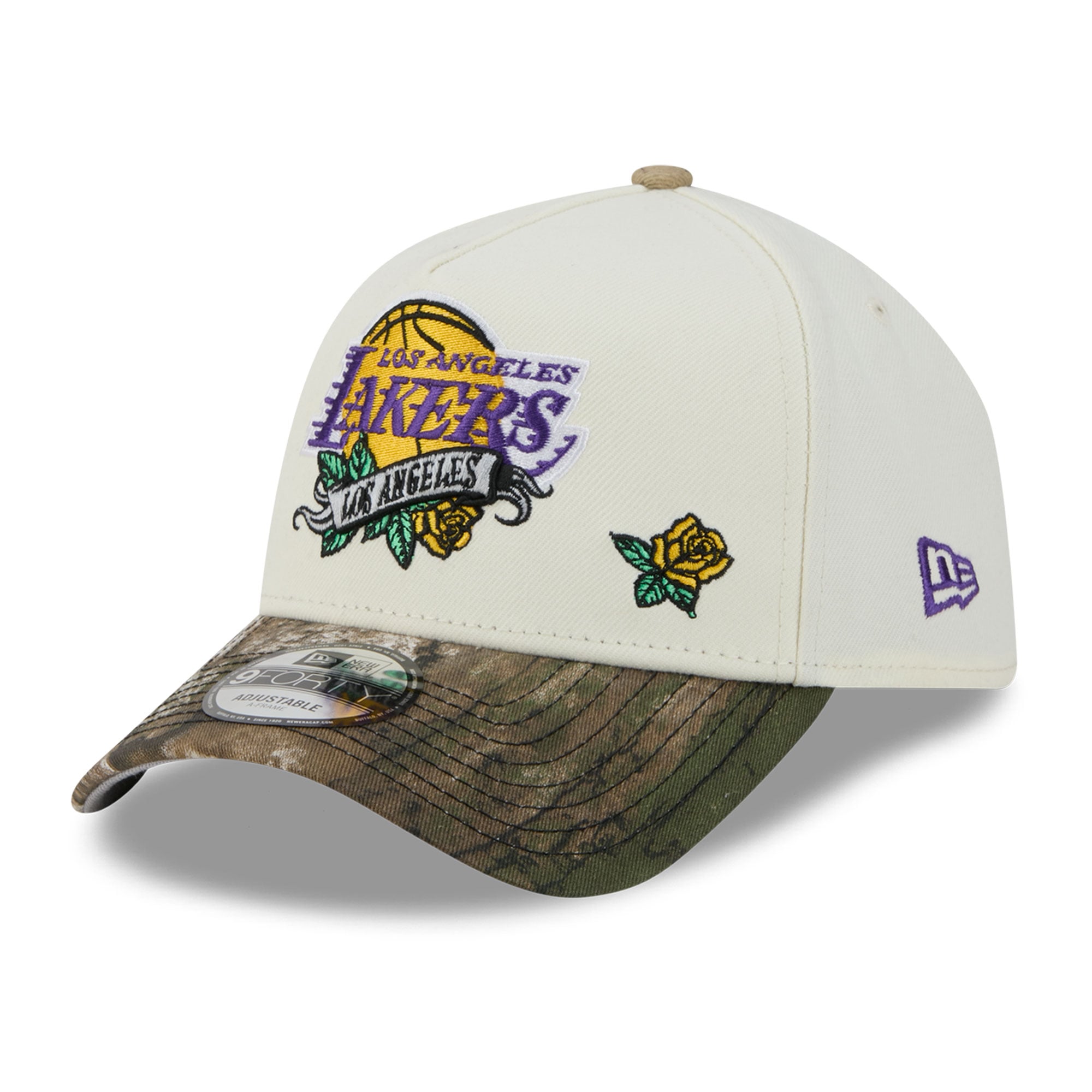 Casquette ajustable New Era 9FORTY A-Frame crème/camouflage Los Angeles Lakers Rose Banner pour homme