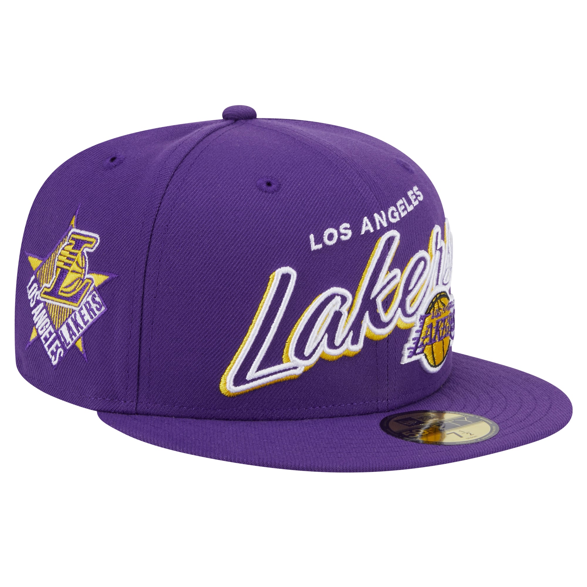 Men's Los Angeles Lakers New Era Purple Sport Night Script Sided 59FIFTY Fitted Hat
