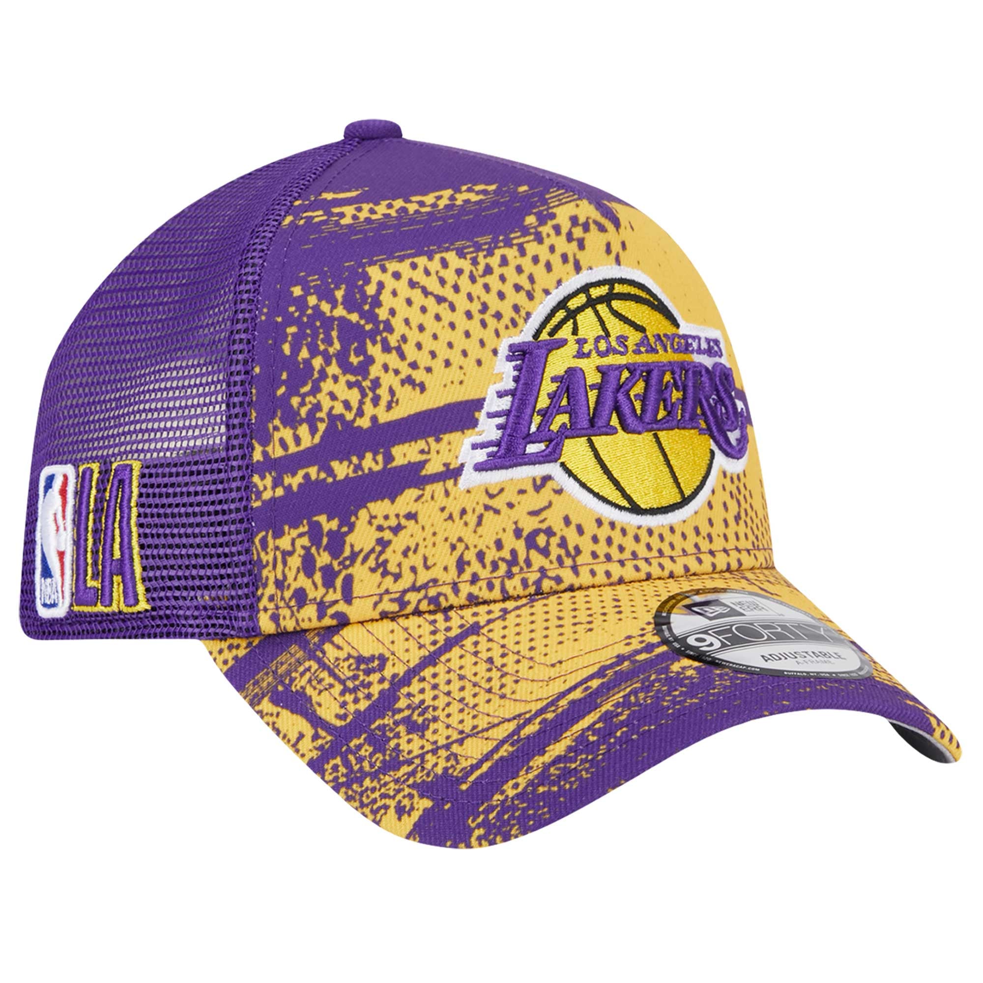 Men's Los Angeles Lakers New Era Purple/Gold Tip Off A-Frame Trucker 9FORTY Adjustable Hat
