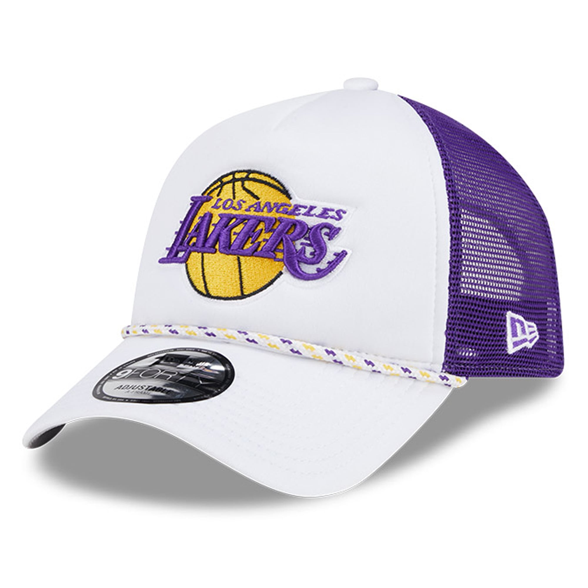 Men's Los Angeles Lakers New Era White/Purple Court Sport Foam A-Frame 9FORTY Adjustable Trucker Hat