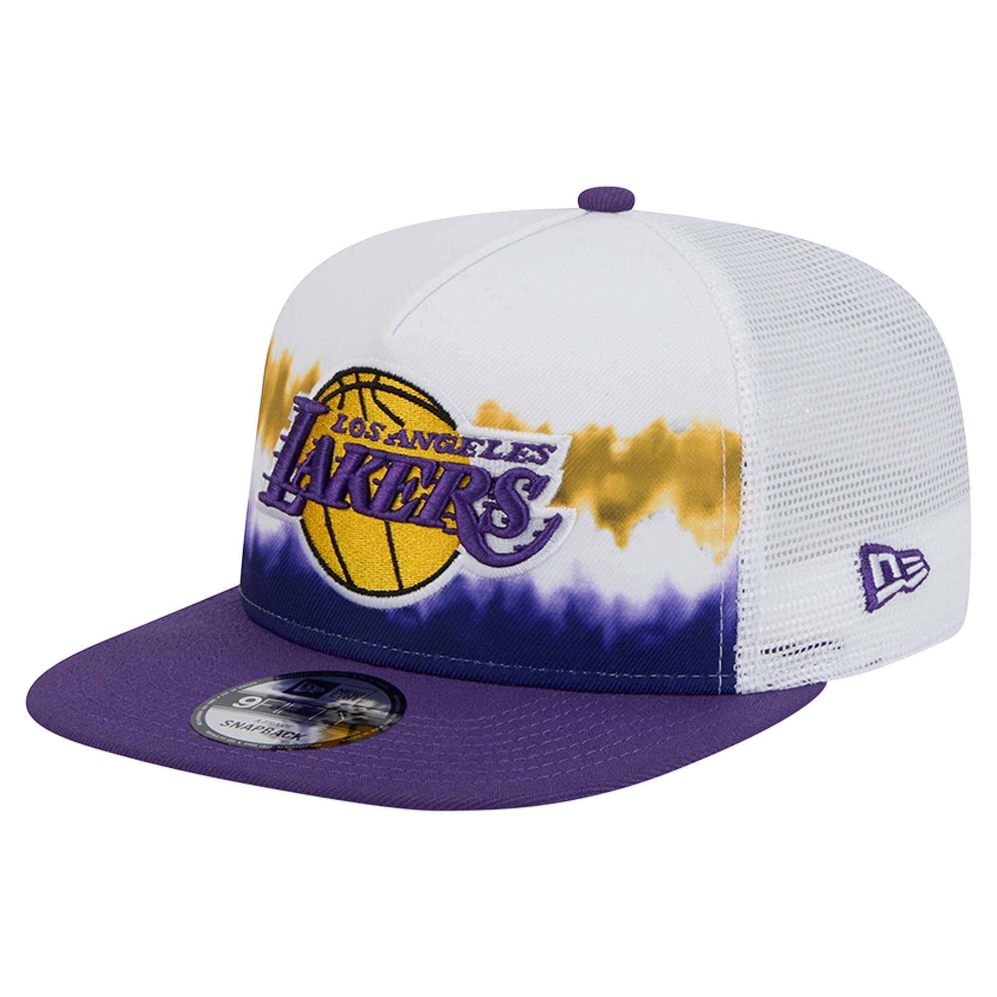 Men's Los Angeles Lakers New Era White/Purple Dip-Dye 9FIFTY A-Frame Trucker Snapback Hat