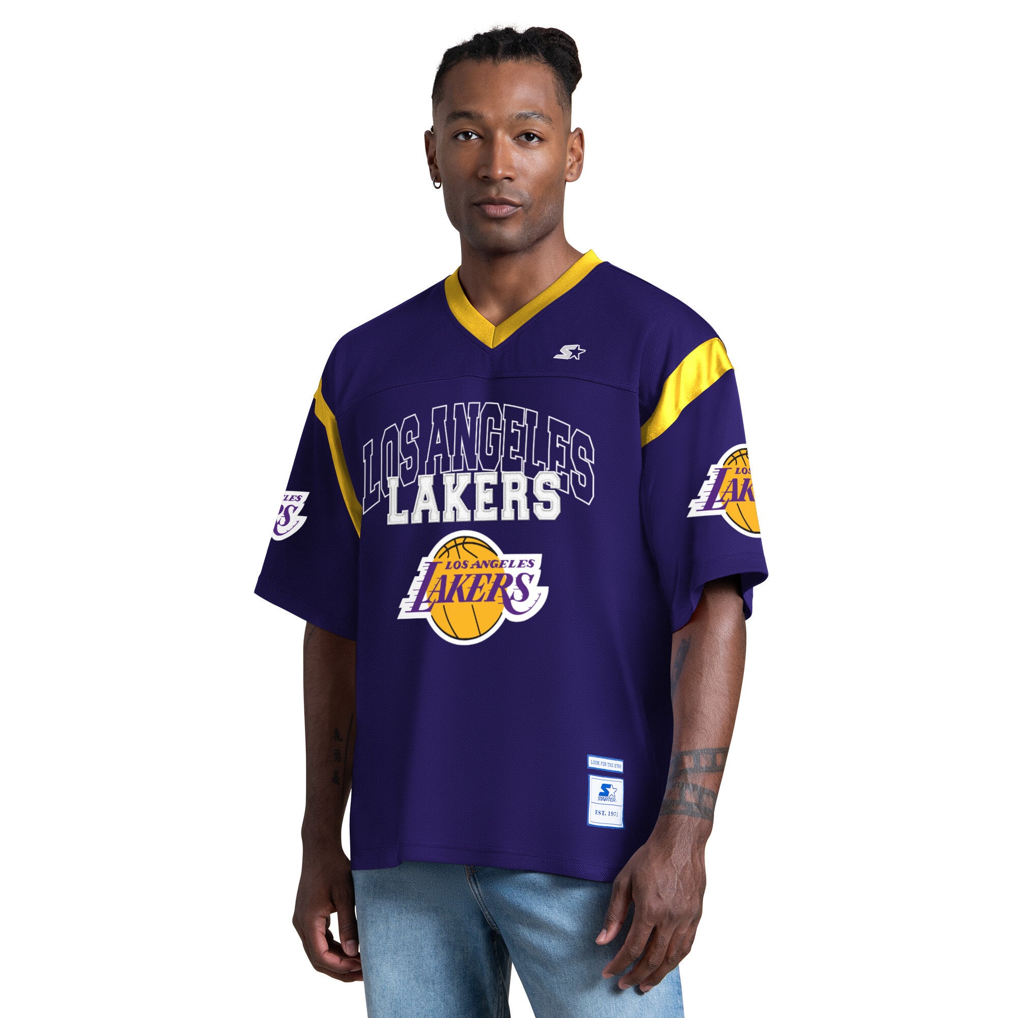 T-shirt à col en V Starter violet pour homme, Los Angeles Lakers, jour de match