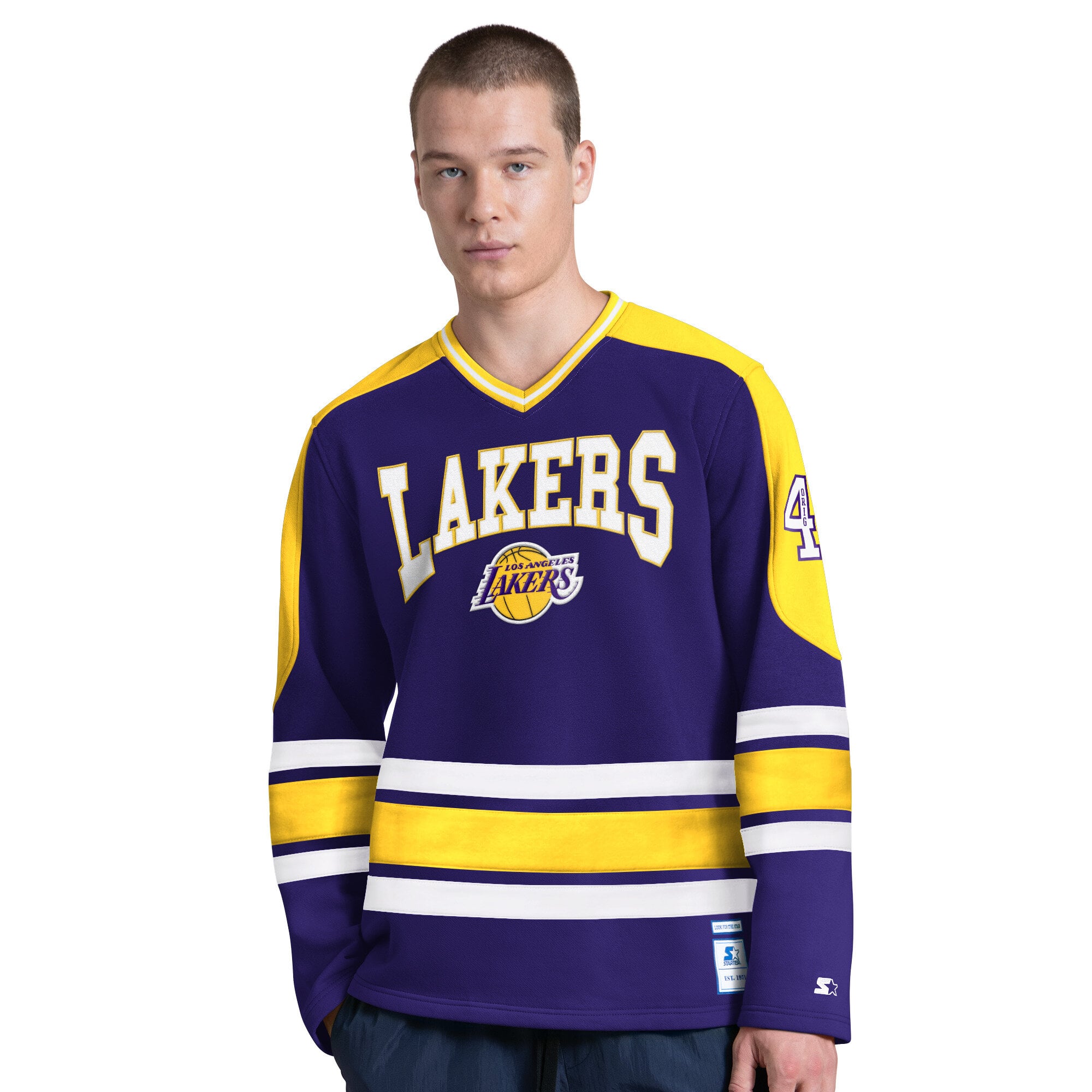 T-shirt à manches longues et col en V Starter violet Los Angeles Lakers pour homme
